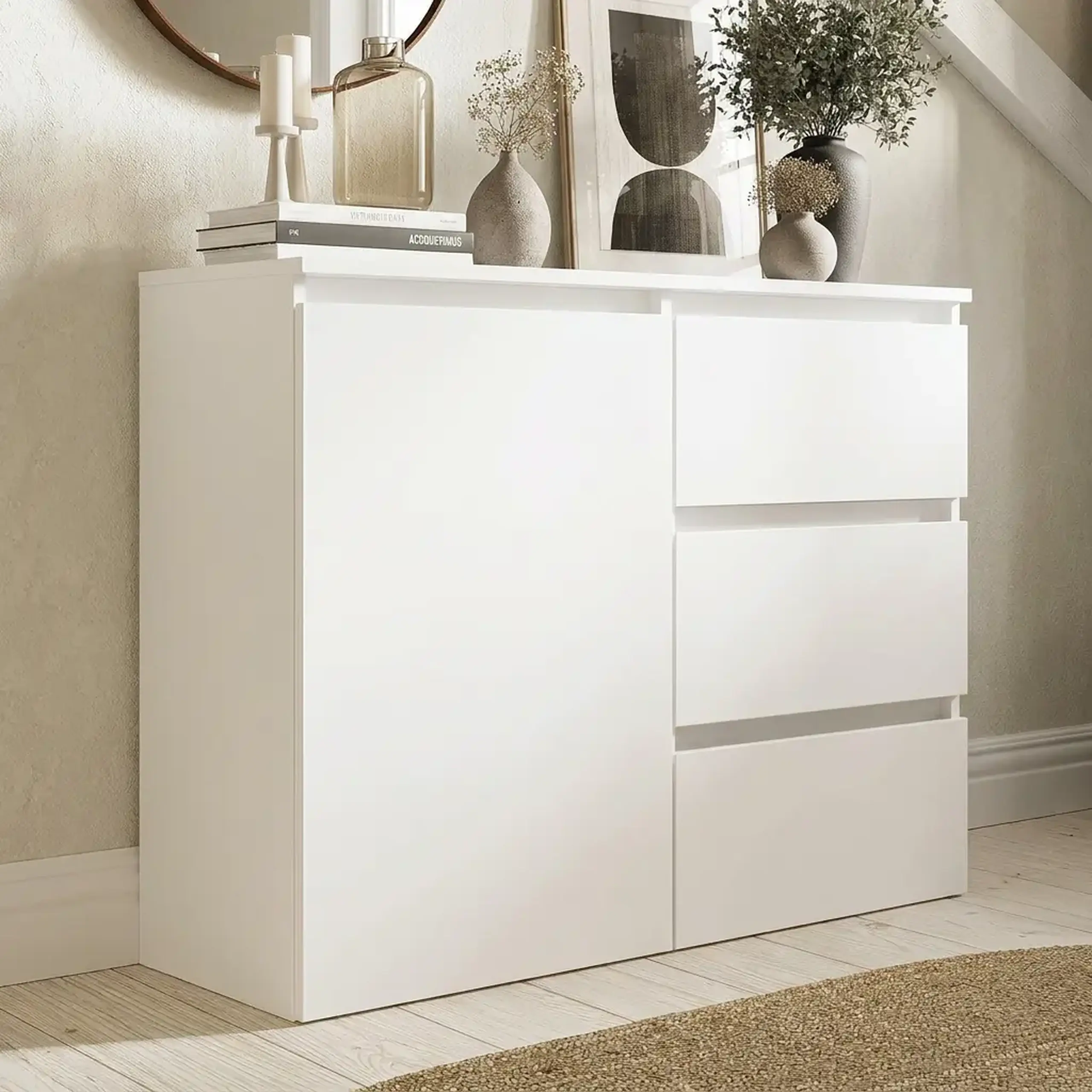 Comoda 4home Ideea K, 76x100x42 cm, 1 usa, 3 sertare, Nimfea Alba/ Nimfea Alba