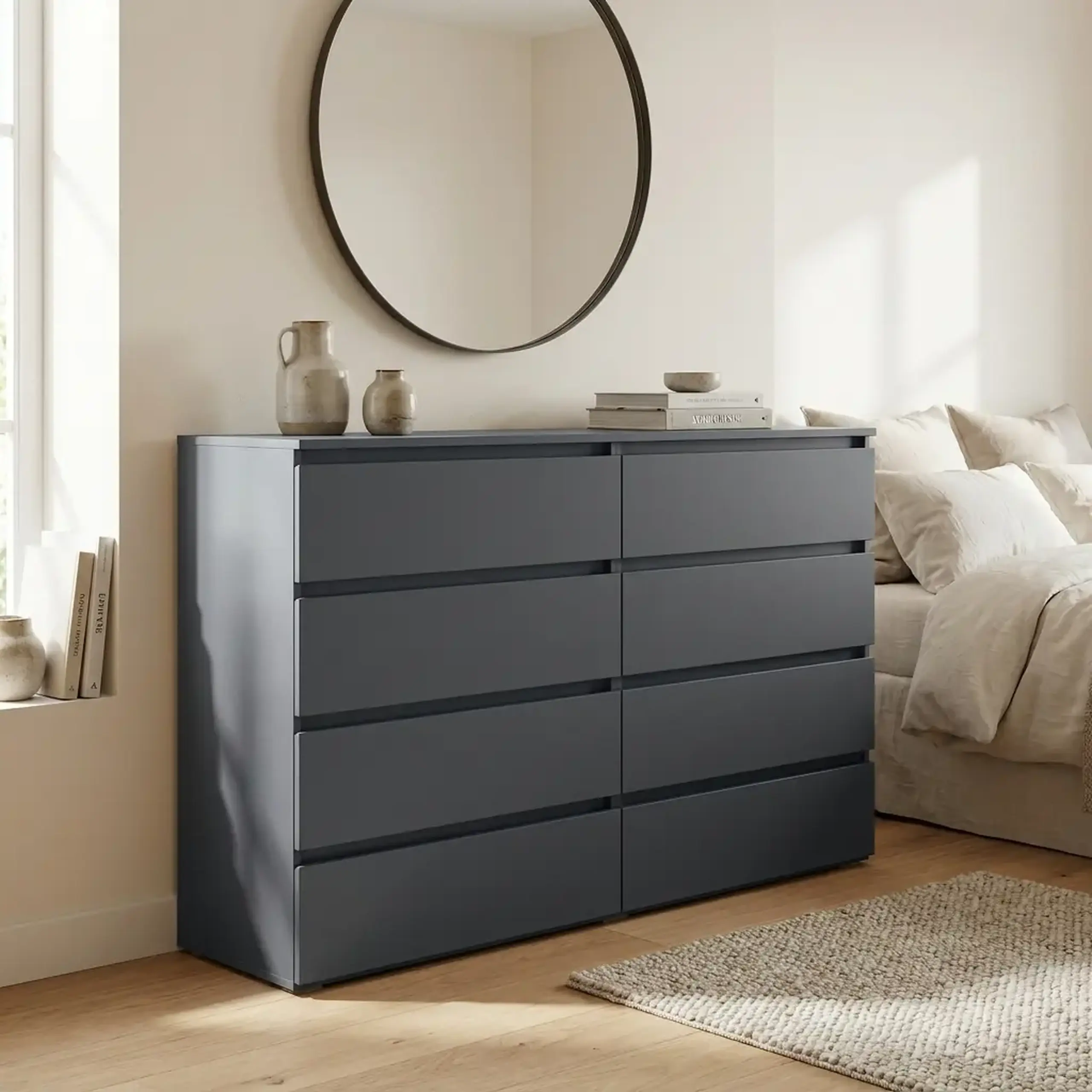 Comoda 4home Ideea K, 100x160x42 cm, 8 sertare, Gri Grafit/ Gri Grafit