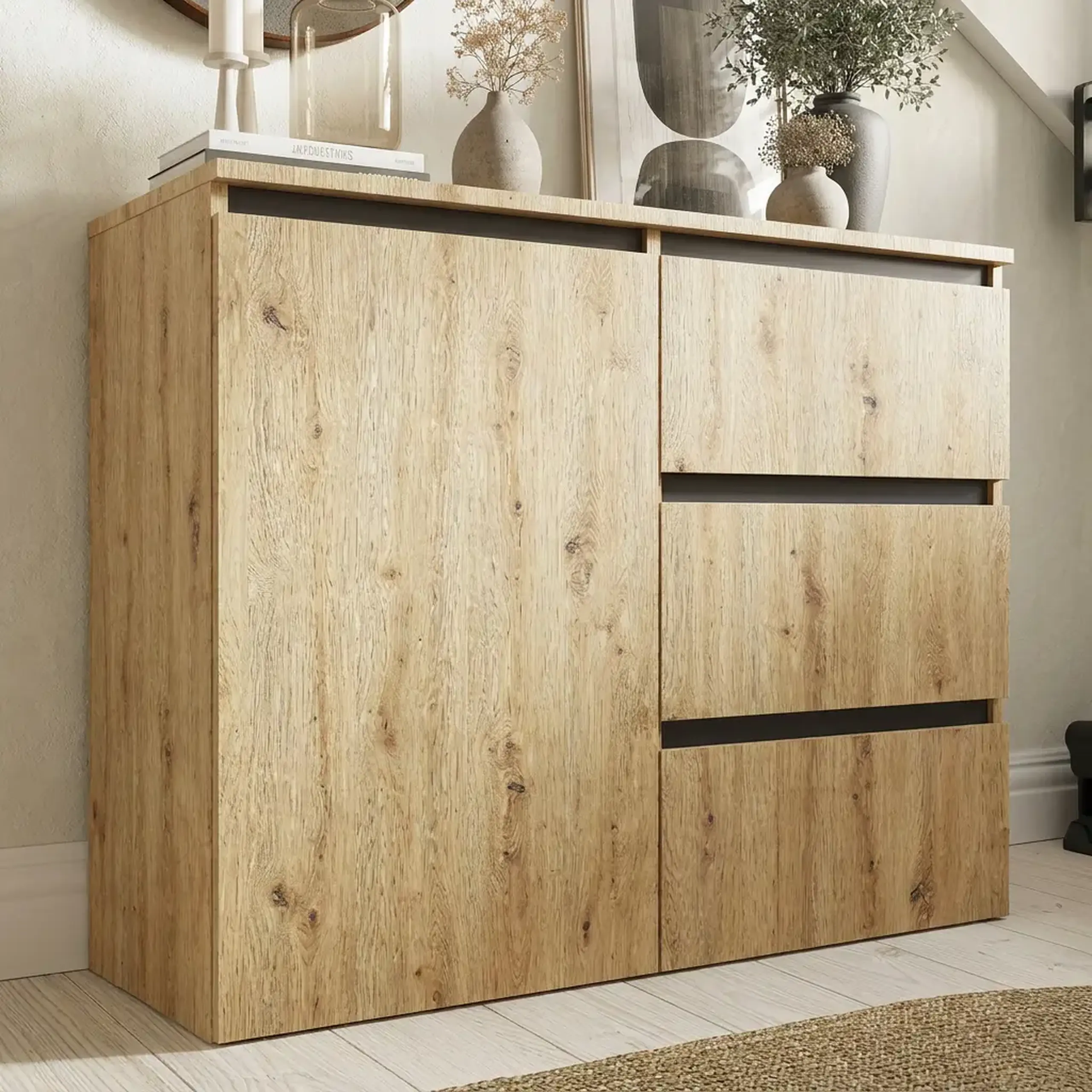 Comoda 4home Ideea K, 76x100x42 cm, 1 usa, 3 sertare, Stejar Artizanal/Gri Grafit