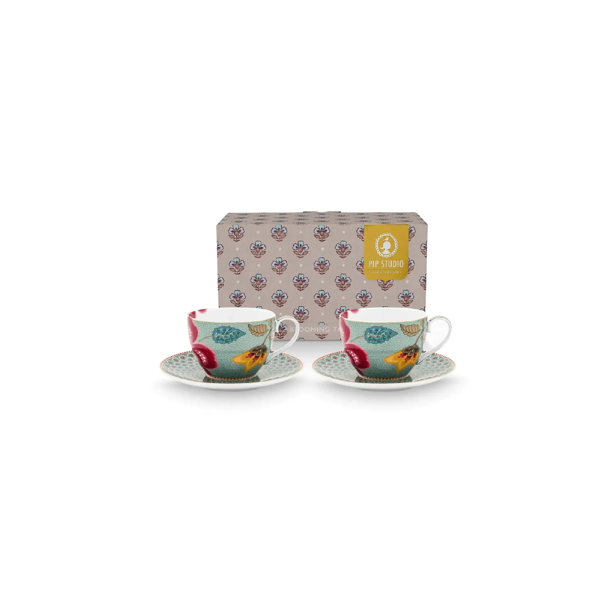 Set 2 cești cu farfuriuțe Blooming Tales, porțelan, albastru, 300ml