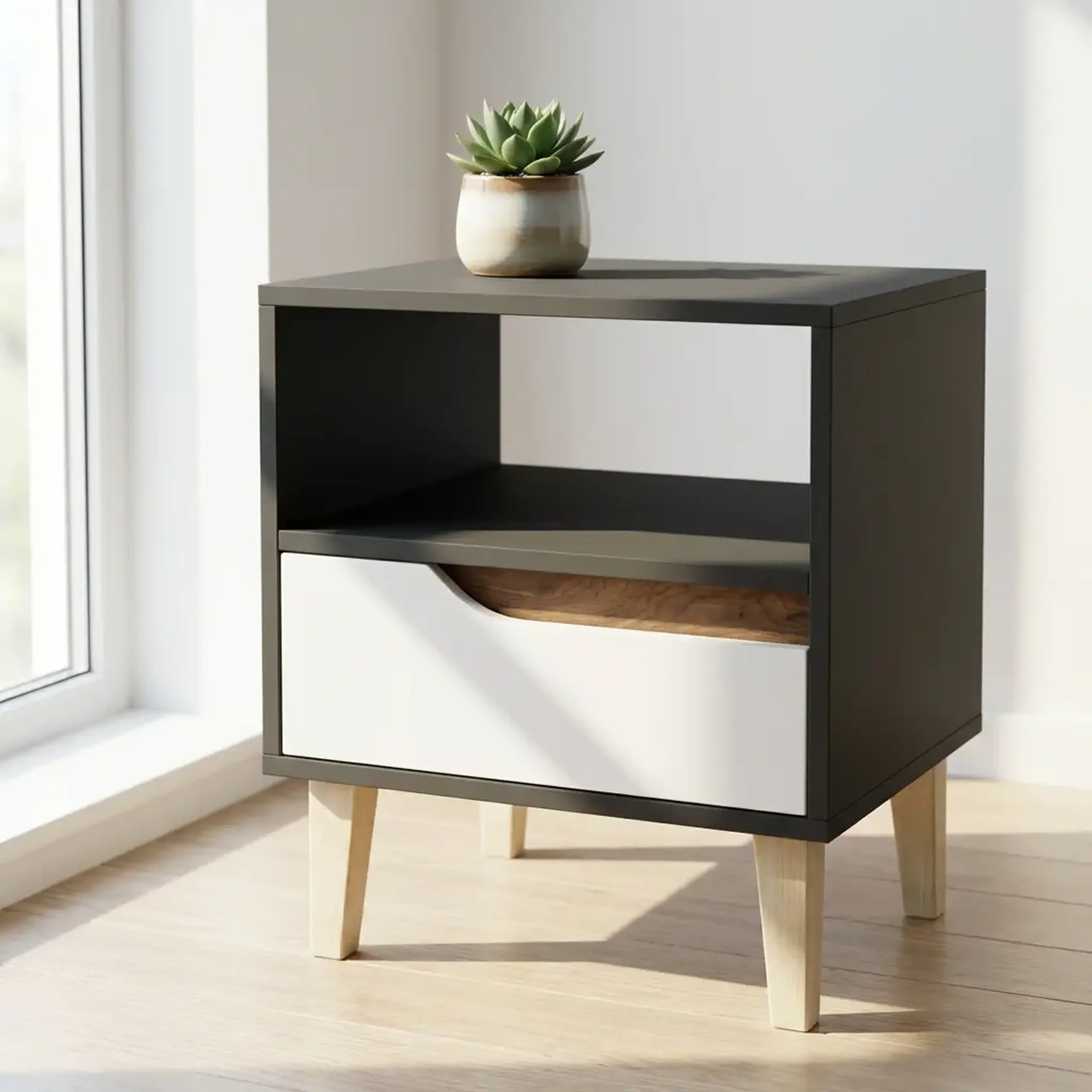Noptiera 4home Wood, 53x50x40 cm, 1 Sertar, Pal,Antracit/ Nimfea alba