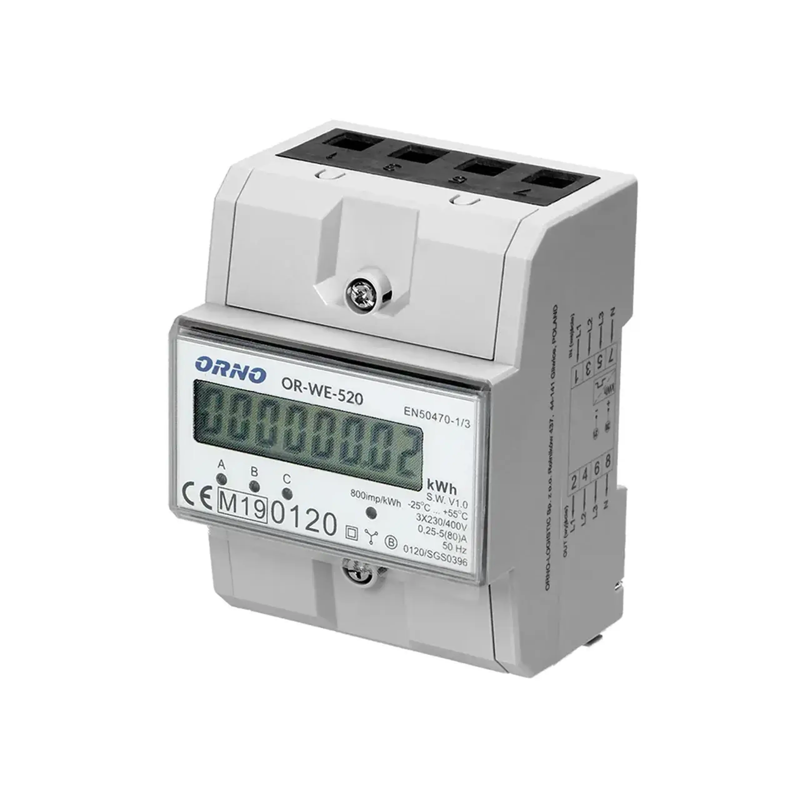 Contor digital Trifazat 80 A 380 V IP51 ORNO - Capacitatea de pompare 800 imp/kWh
