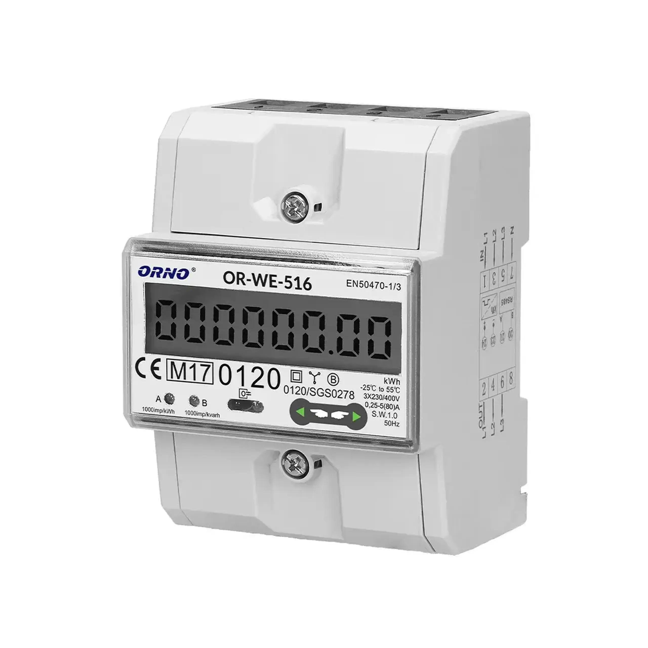 Contor digital Trifazat 80 A 380 V IP51 ORNO - Capacitatea de pompare 1000 imp/kWh