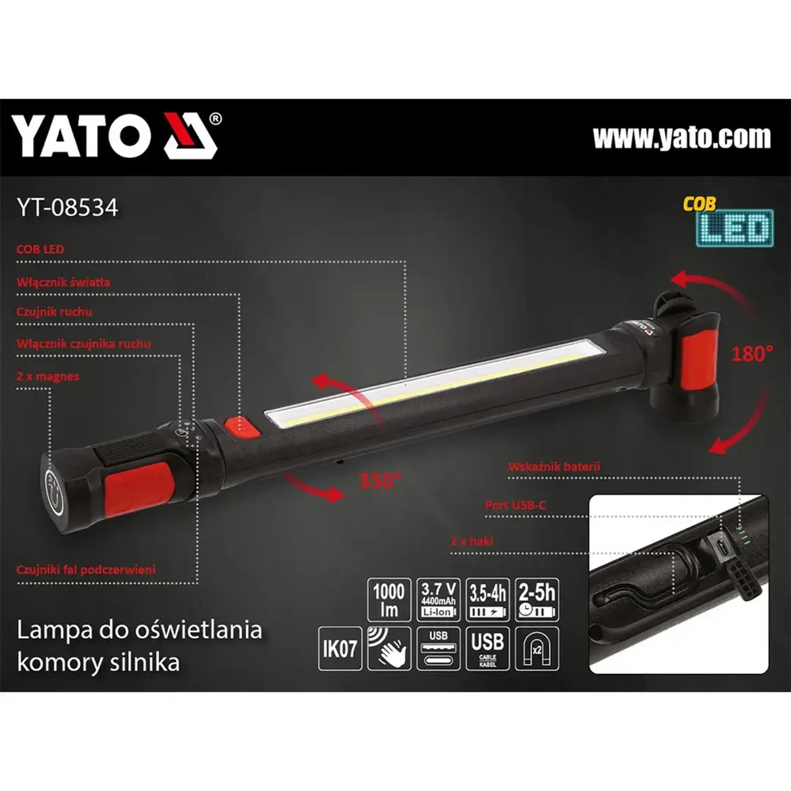 Lampă LED 10 W 6500 K 1000 lm 3.7 V 4400 mAh (Li-Ion) Yato