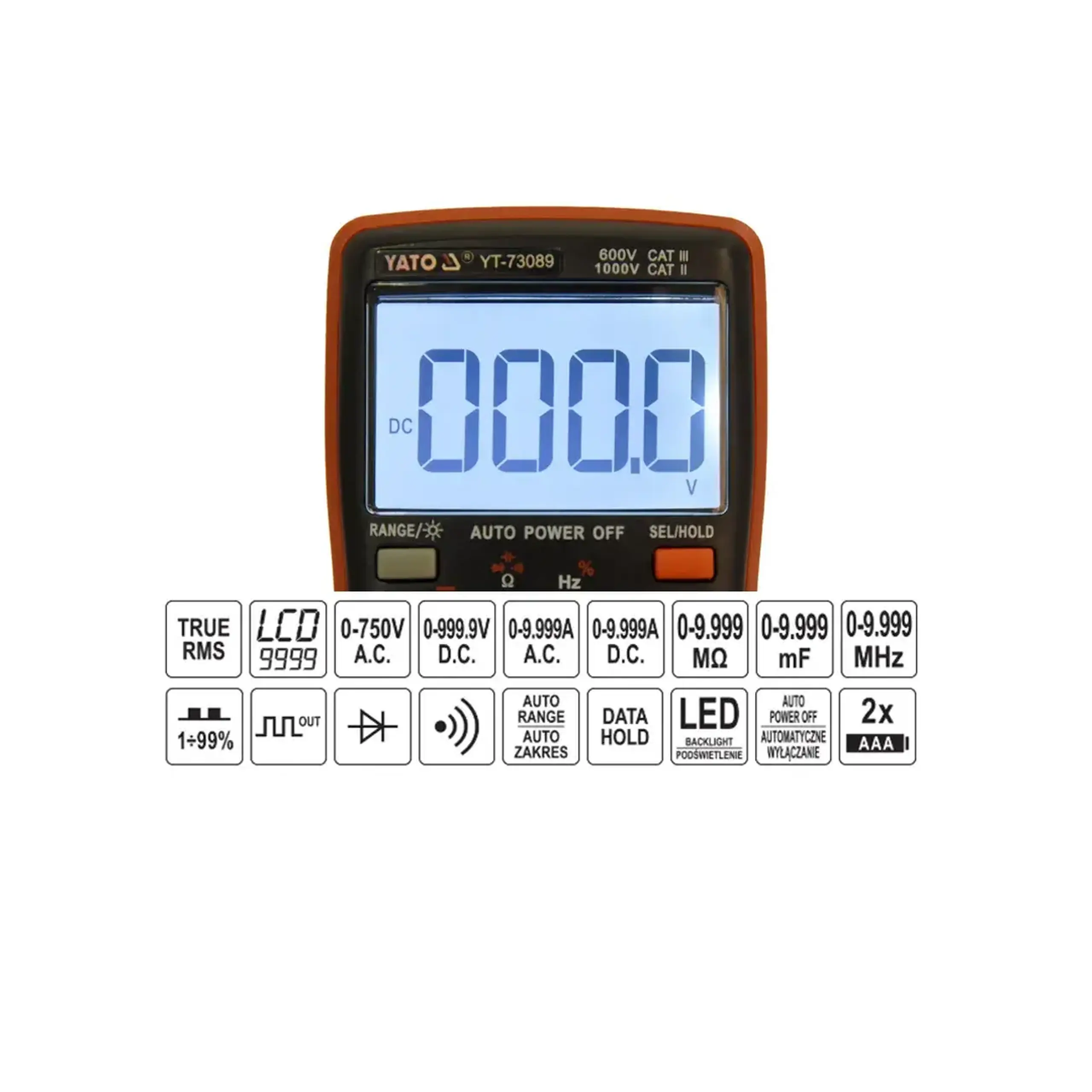 Multimetru digital 0 - 10 A 750 V AC/1000 V DC Yato - Acumulator 1.5 V x 2 (AAA)
