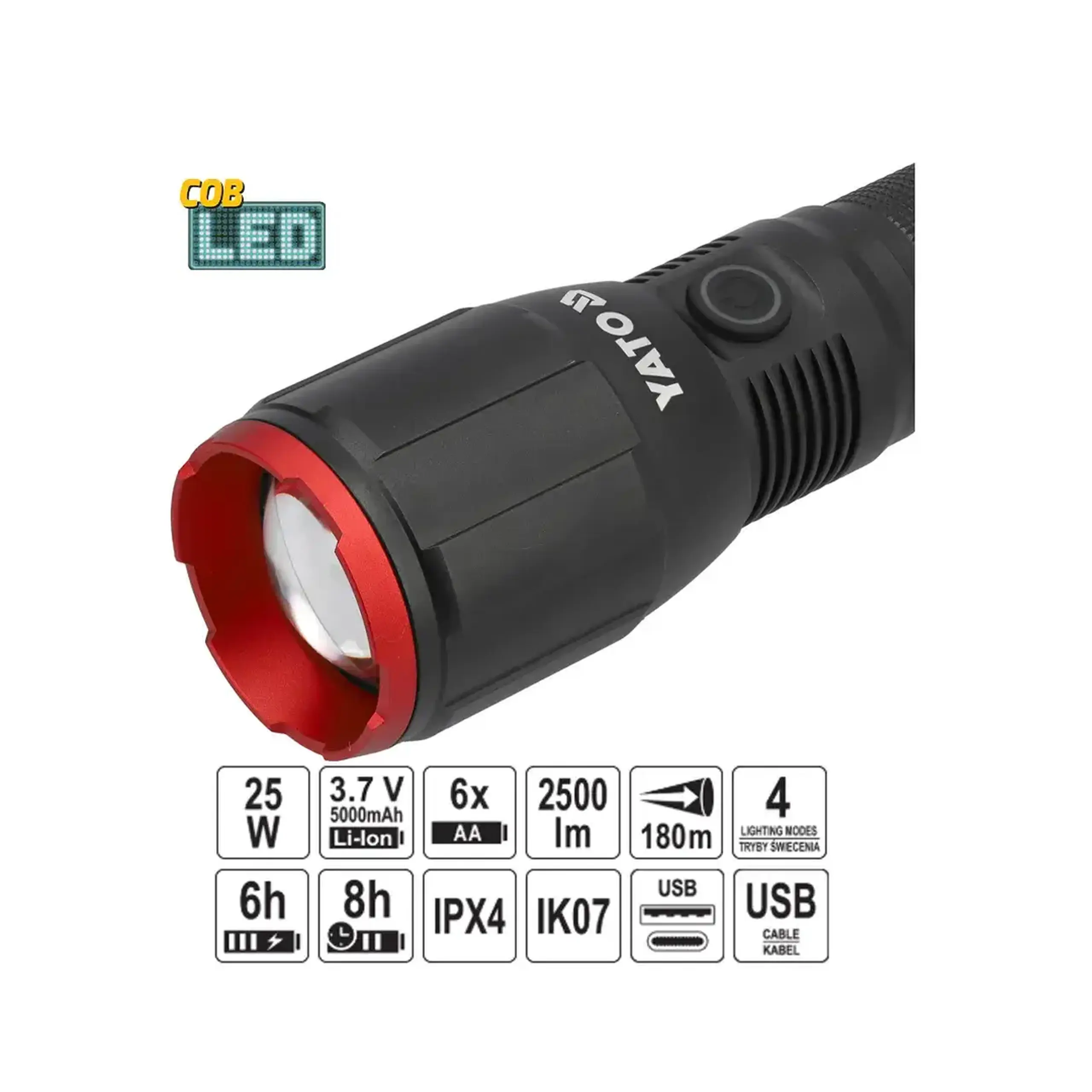 Lanternă 25 W 4500 K 3.7 V 5000 mAh (Li-ion)/1.5 V x 6 (AA) Yato