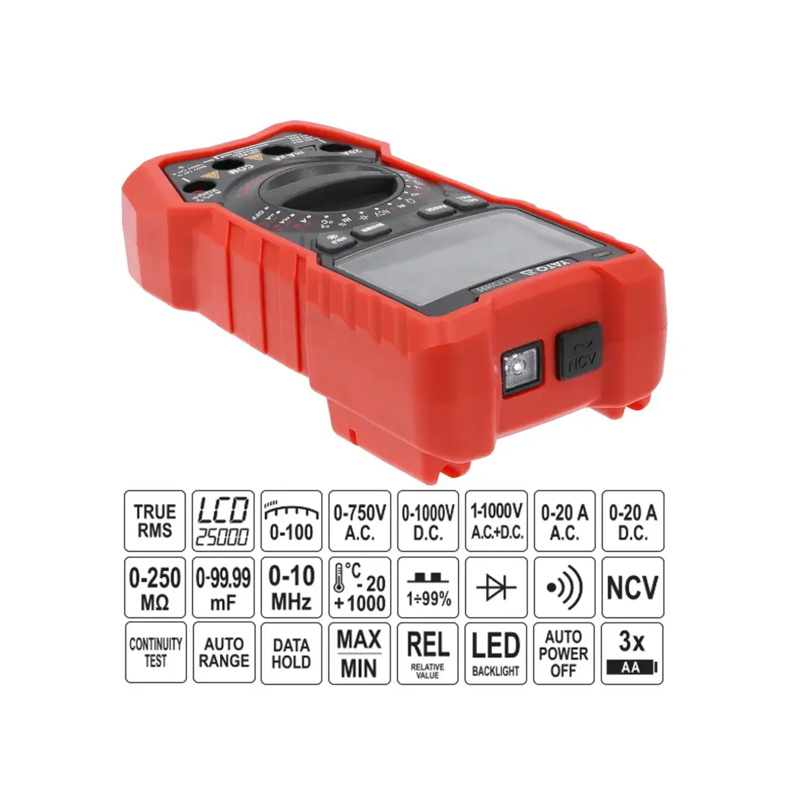 Multimetru digital 0 - 10 A 750 V AC/1000 V DC Yato - Acumulator 3 x 1.5 V (AA)