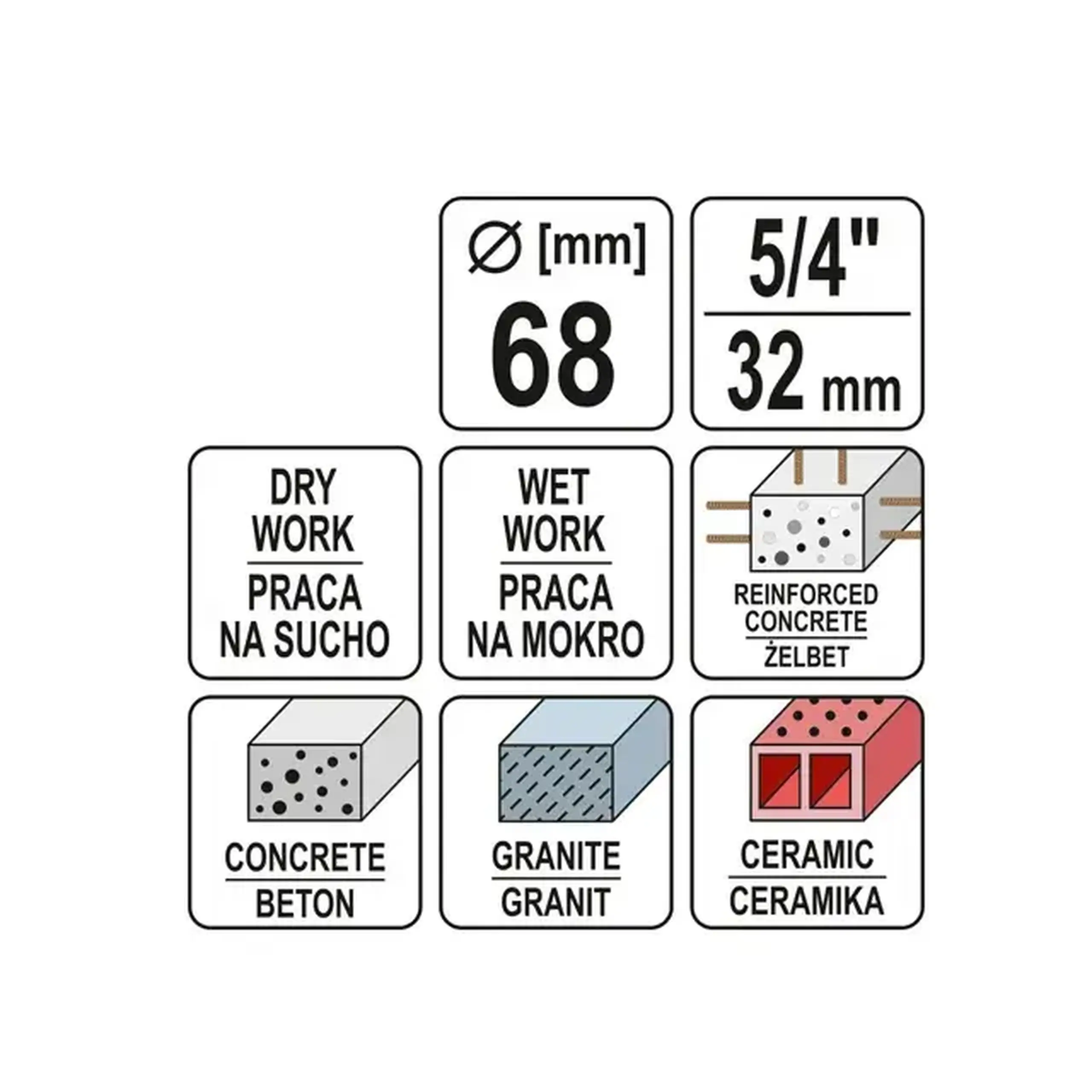 Carotă diamantată pentru beton 68 mm hexagonal Yato