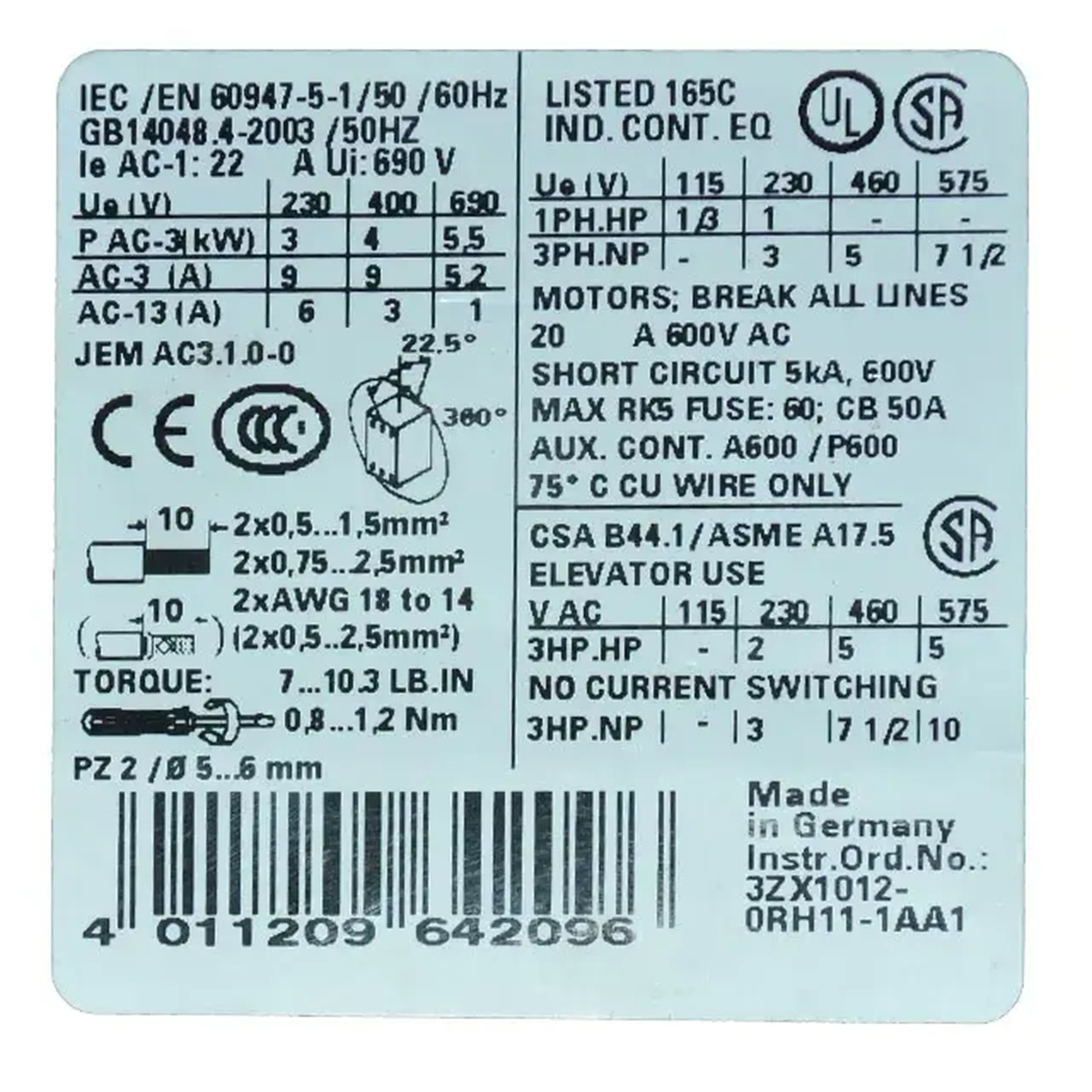 Conector Siemens SIRIUS 9 A 60 Hz 4 kW 400 V IP20