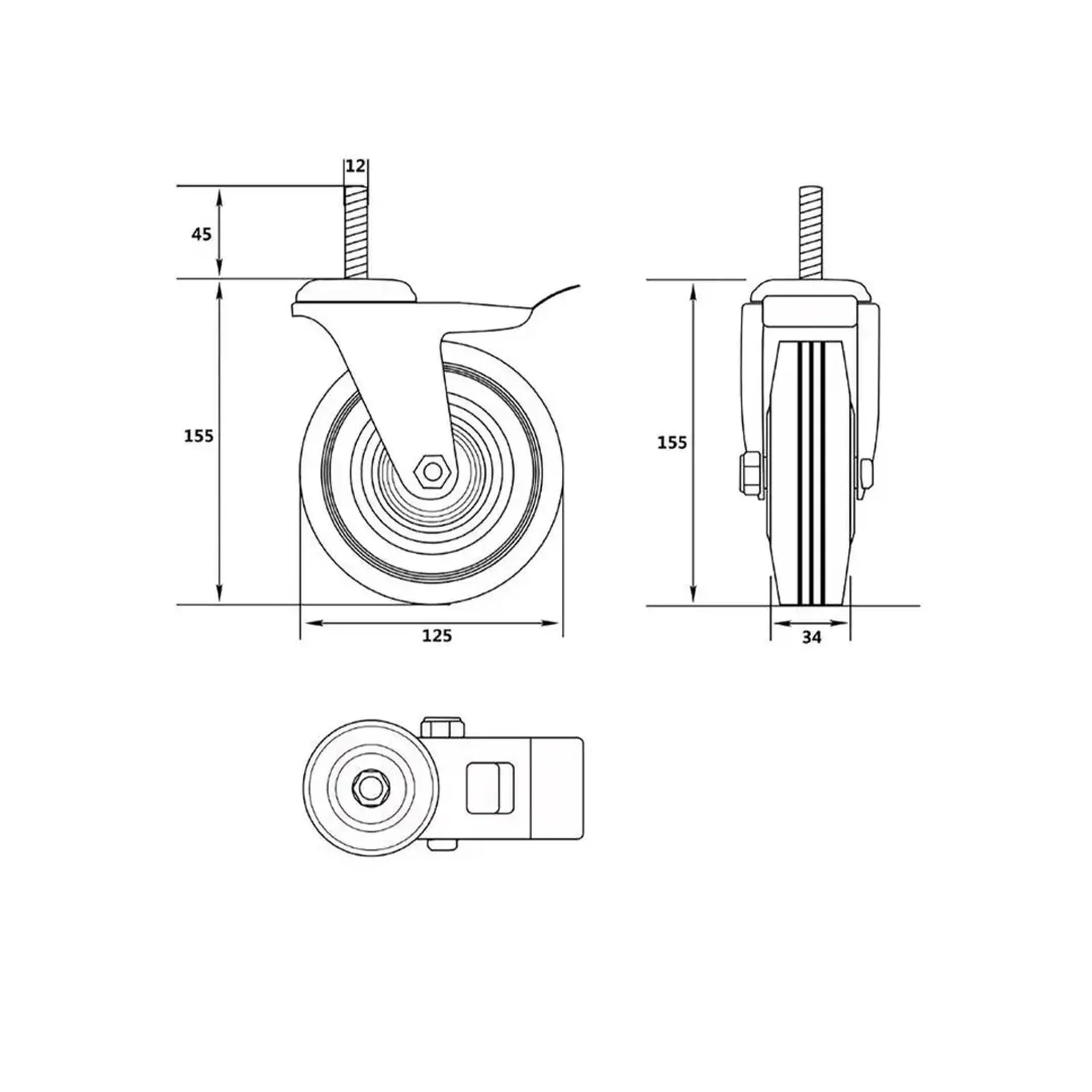 Roată mobilă cu frână, pentru cărucior 125 mm Vorel