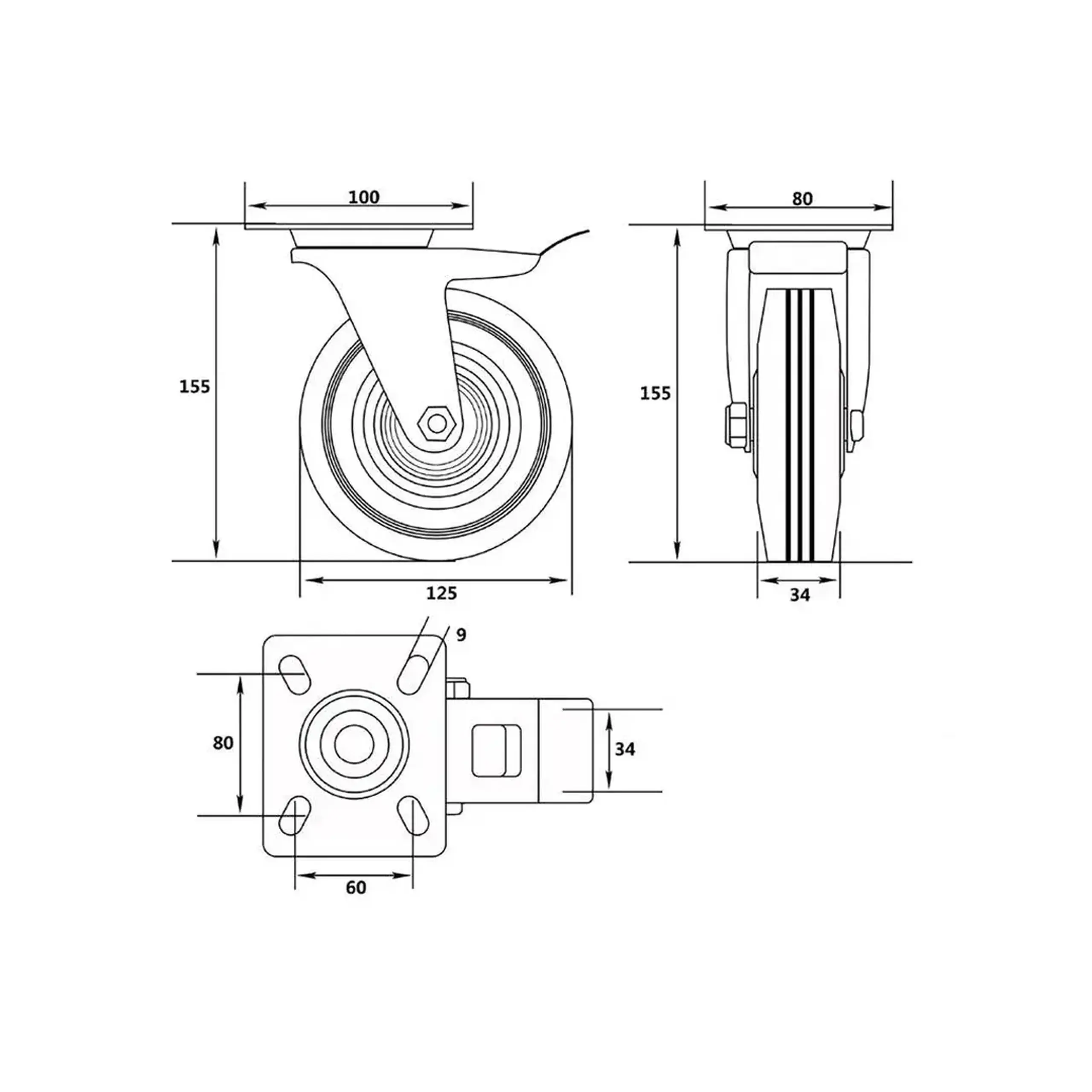 Roată mobilă cu frână, pentru cărucior 125 mm Vorel