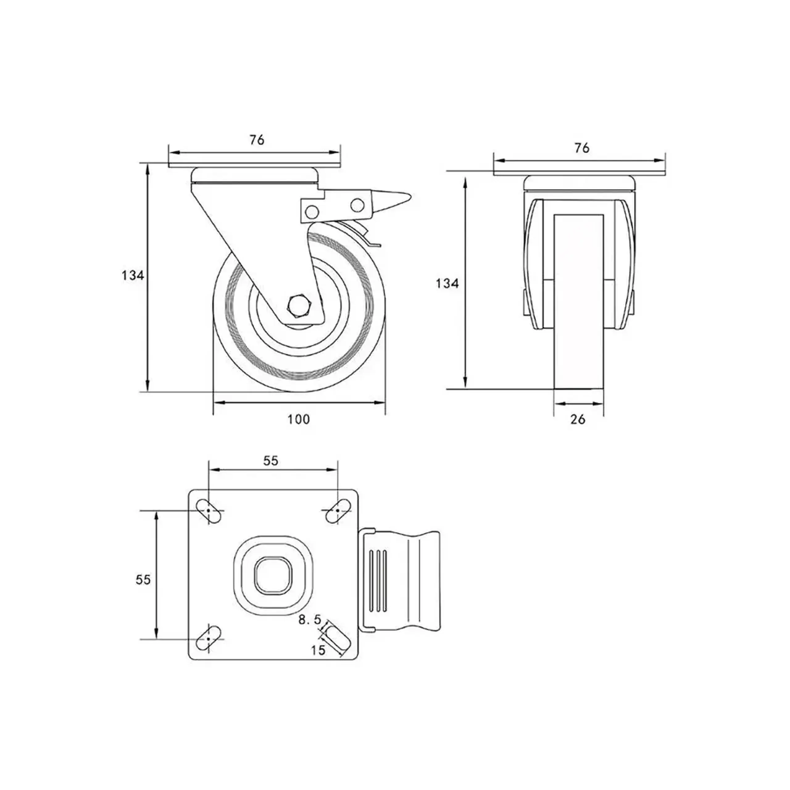 Roată mobilă cu frână, pentru cărucior 100 mm Vorel