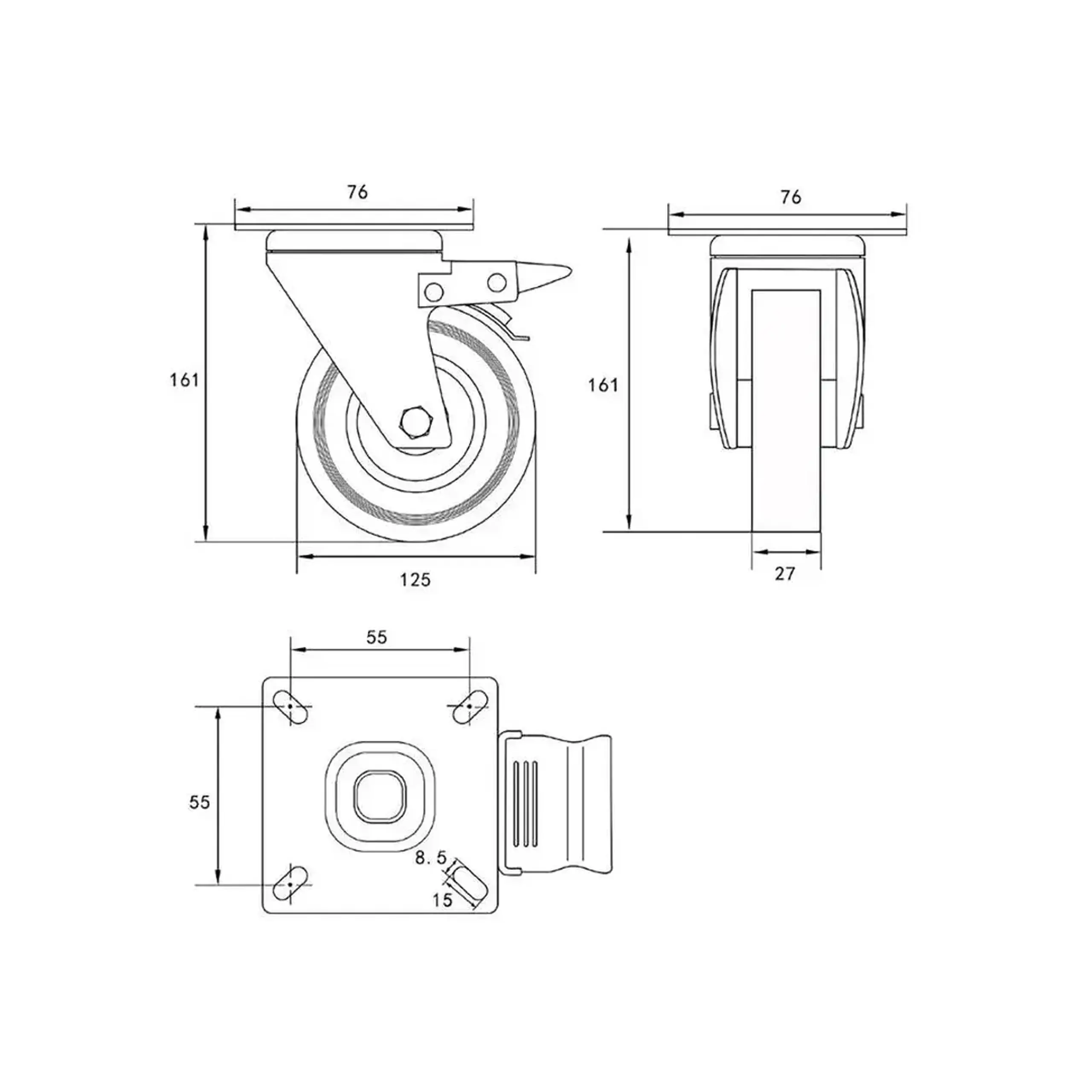 Roată mobilă cu frână, pentru cărucior 125 mm Vorel