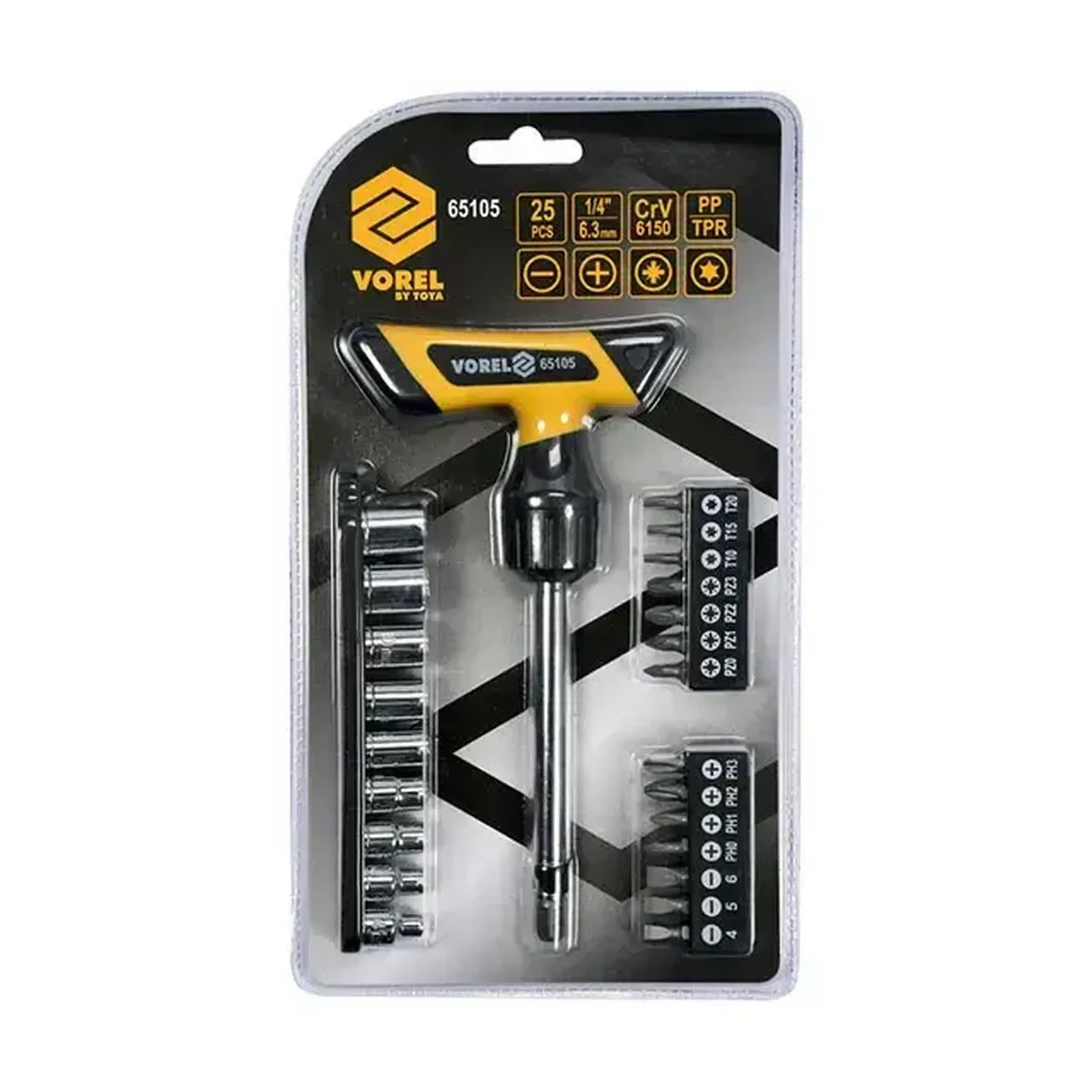 Șurubelniță cu duze și biți 65105 25 buc. 1/4'' SL/PH/PZ/TORX Vorel