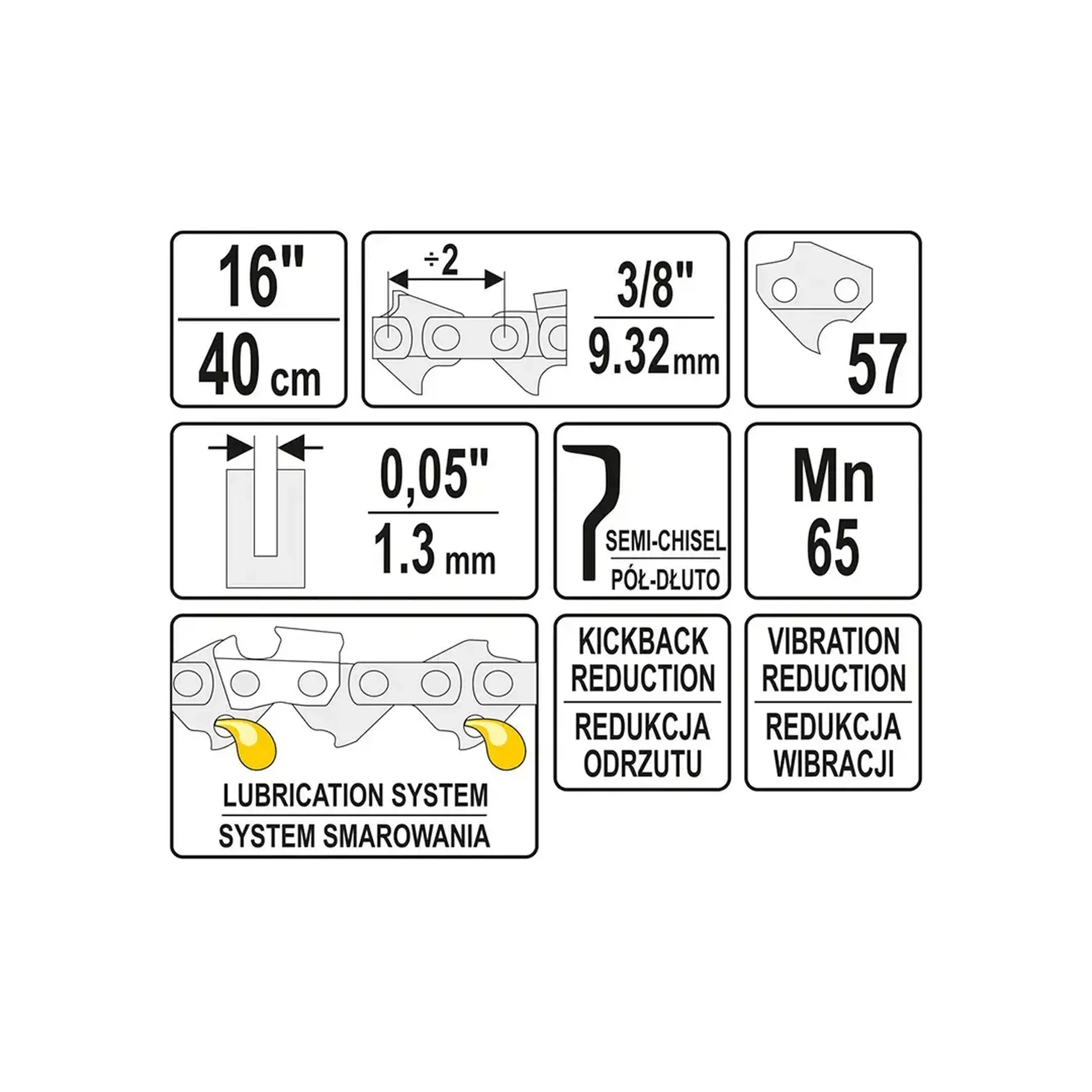 Lanț pentru fierăstrău cu lanț 400 mm 3/8" (9.52 mm) 1.3 mm 1 buc. Yato
