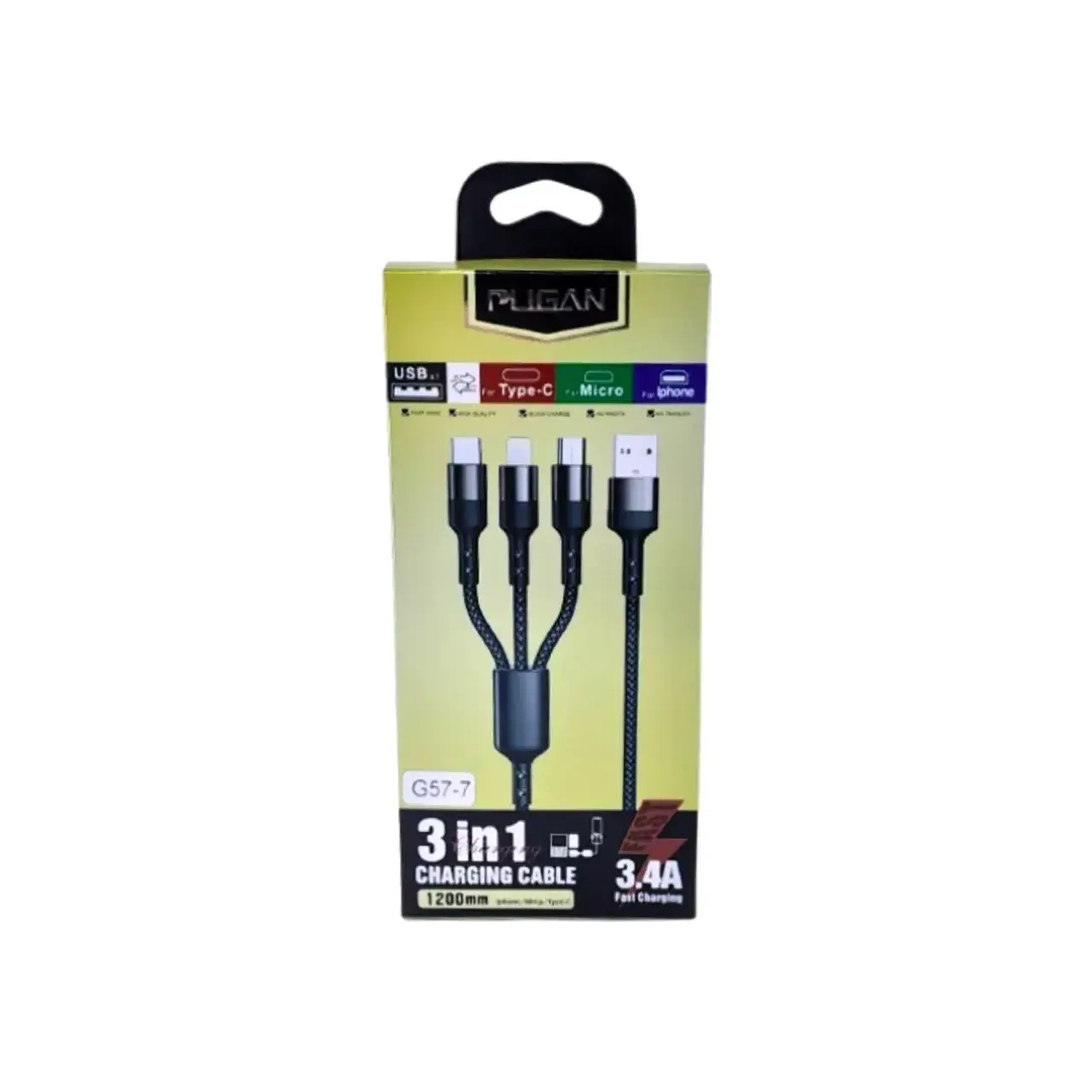 Cablu 3 în 1 USB A - MicroUSB/Type C/Lightning 1.2 m Pugan