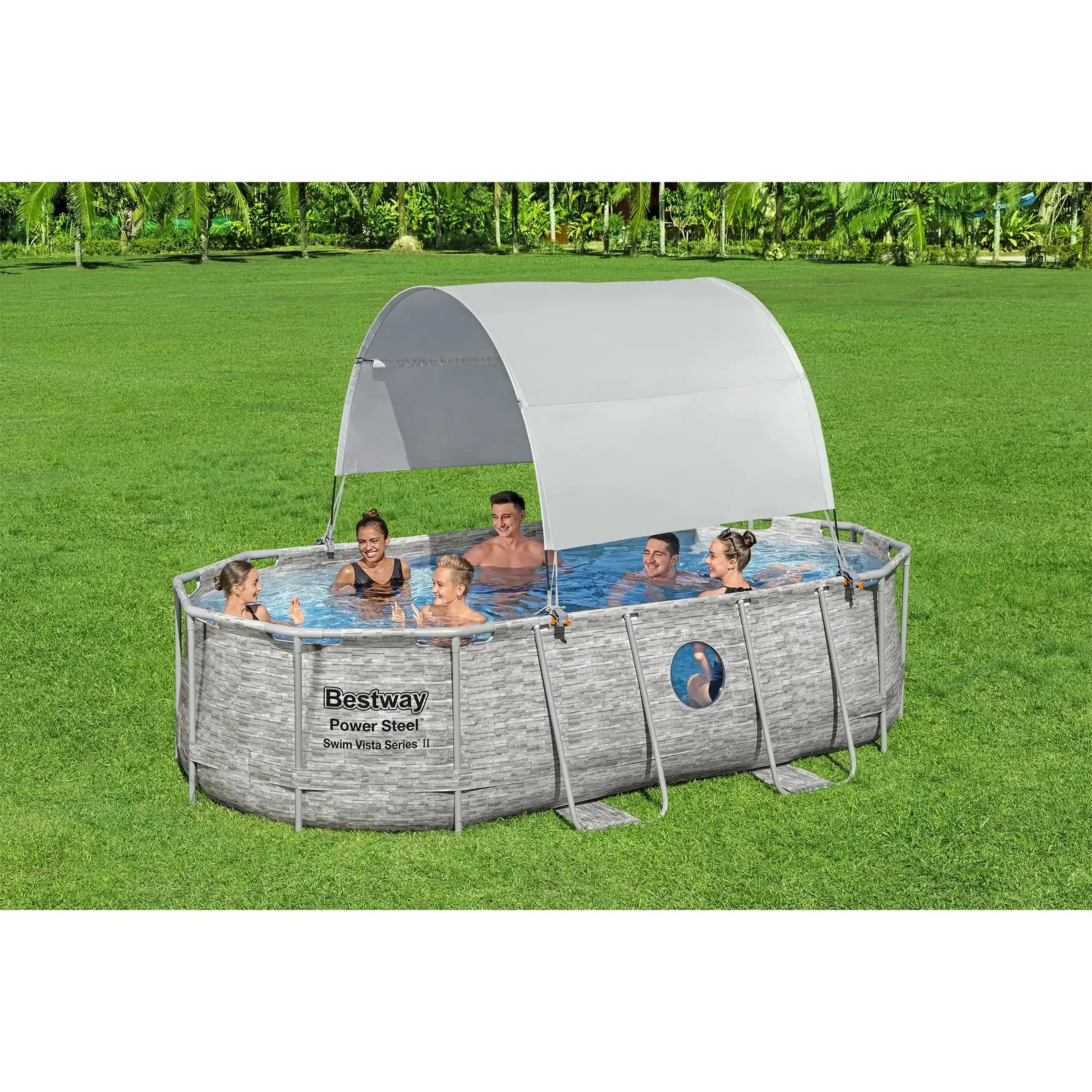 Parasolar piscina Bestway, structura din fibra de sticla/otel, poliester, protectie solara UPF 40, compatibil cu piscine dreptunghiulare si ovale cu cadru metalic, cu dimensiuni de 210-340 cm, crem