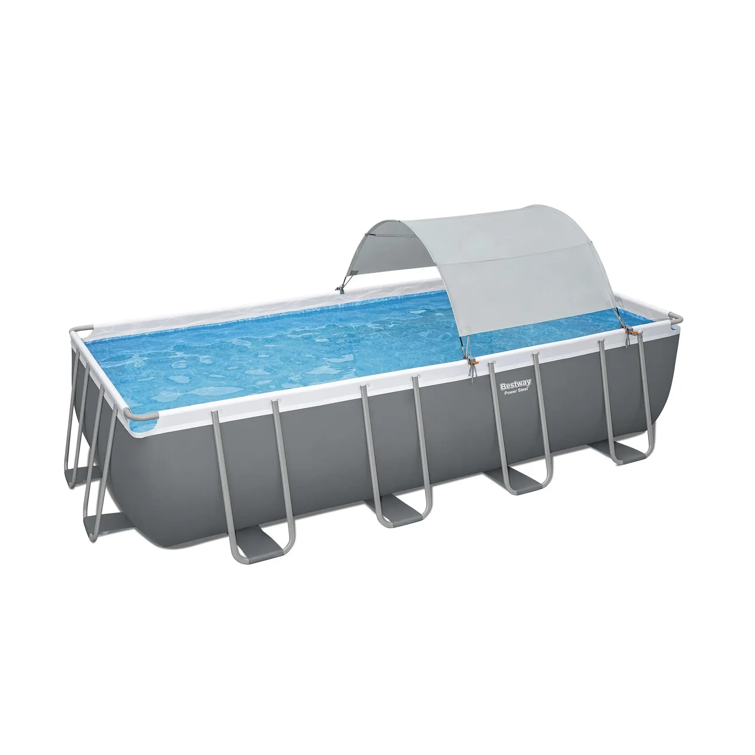 Parasolar piscina Bestway, structura din fibra de sticla/otel, poliester, protectie solara UPF 40, compatibil cu piscine dreptunghiulare si ovale cu cadru metalic, cu dimensiuni de 210-340 cm, crem