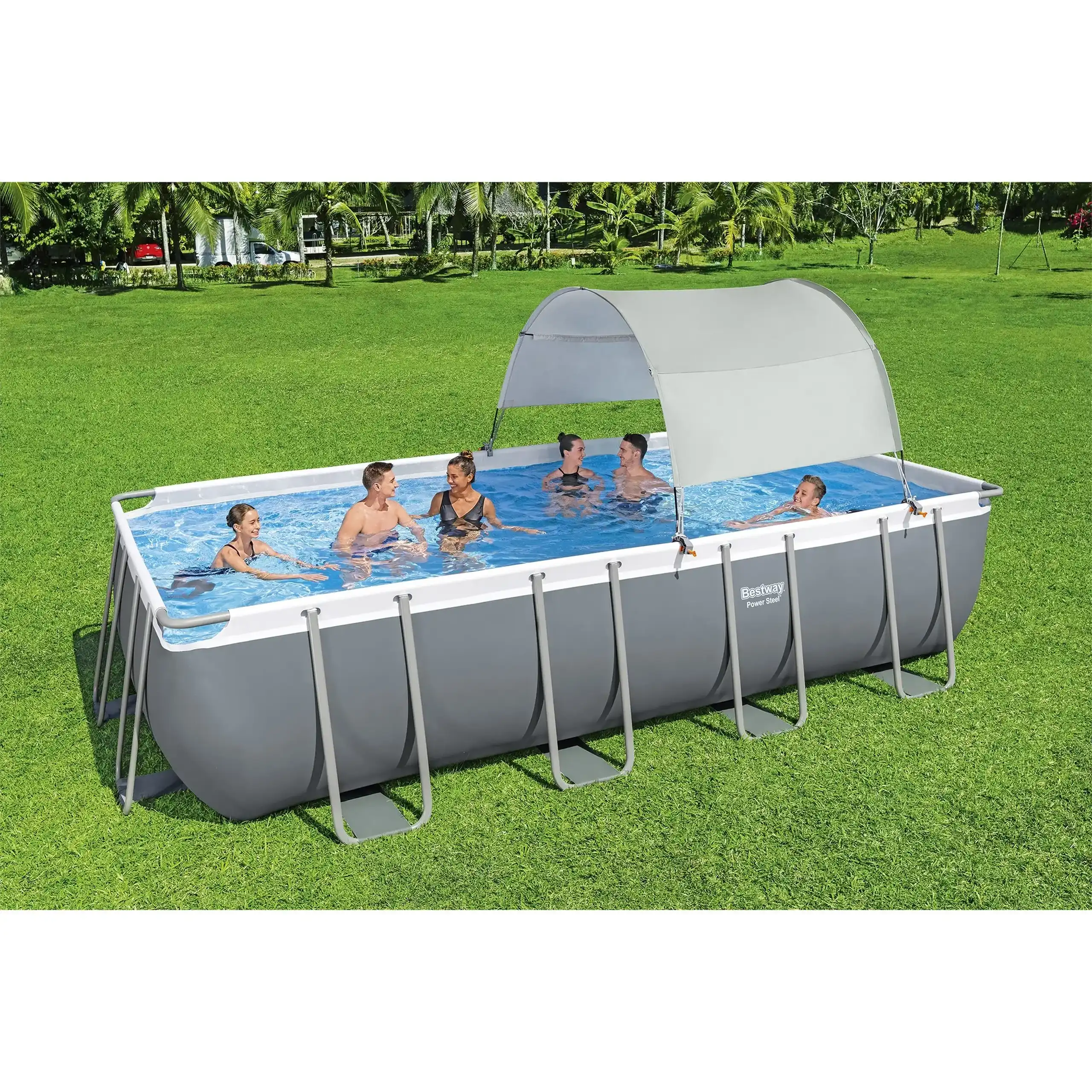 Parasolar piscina Bestway, structura din fibra de sticla/otel, poliester, protectie solara UPF 40, compatibil cu piscine dreptunghiulare si ovale cu cadru metalic, cu dimensiuni de 210-340 cm, crem
