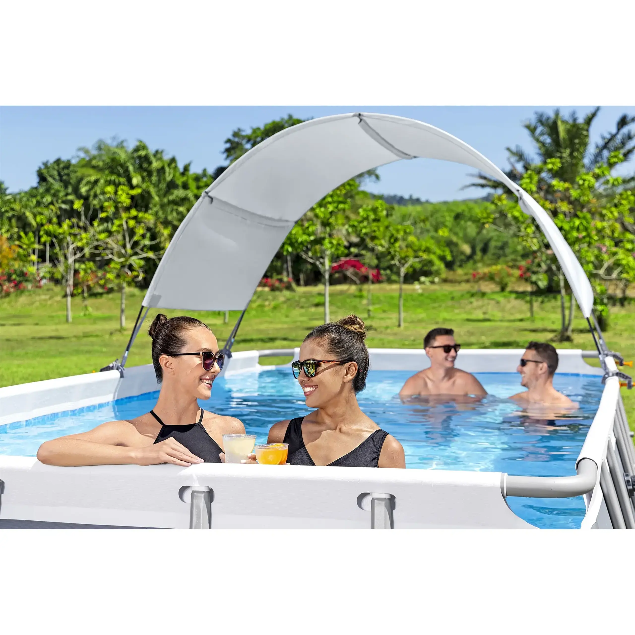 Parasolar piscina Bestway, structura din fibra de sticla/otel, poliester, protectie solara UPF 40, compatibil cu piscine dreptunghiulare si ovale cu cadru metalic, cu dimensiuni de 210-340 cm, crem