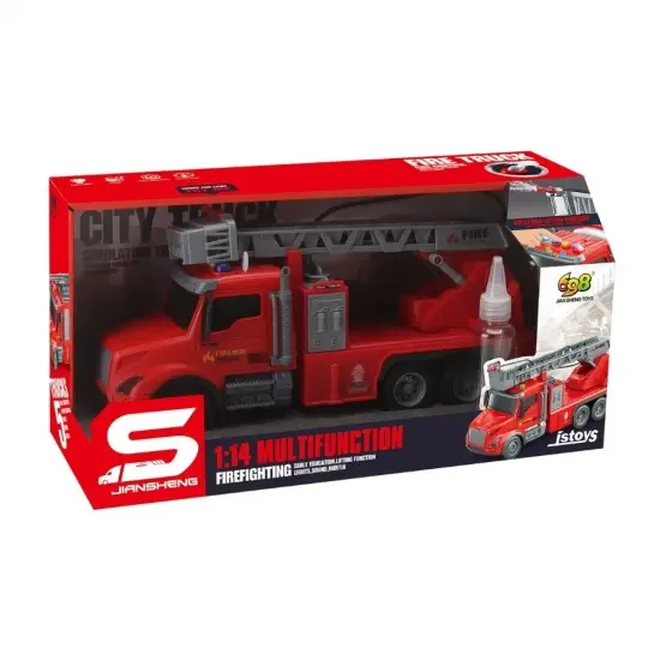 Camion pompieri cu scara,buton apa,frictiune,sunete si lumini,1:14