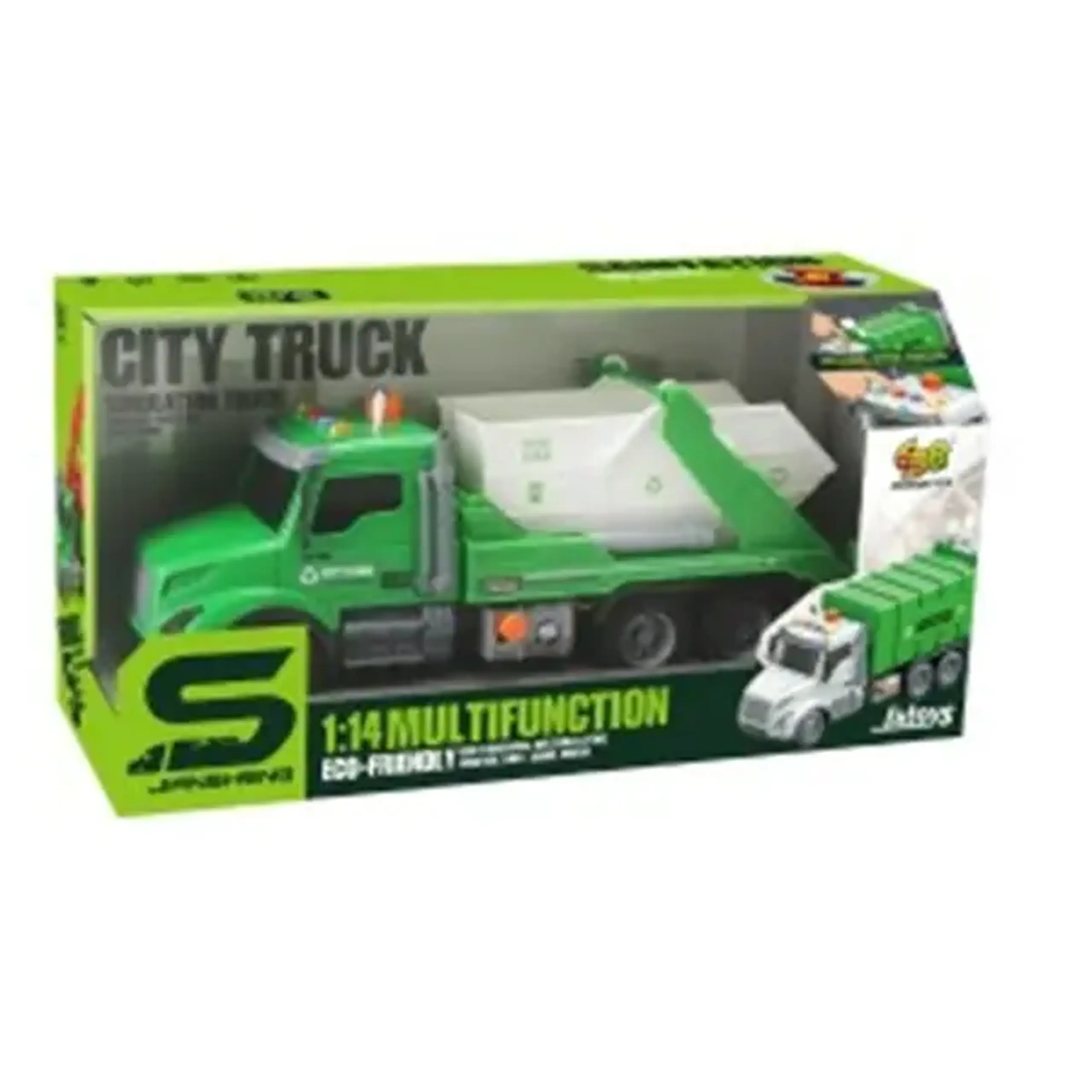 Camion cu remorca descarcare deseuri, frictiune, buton presiune, sunete si lumini, 1:14