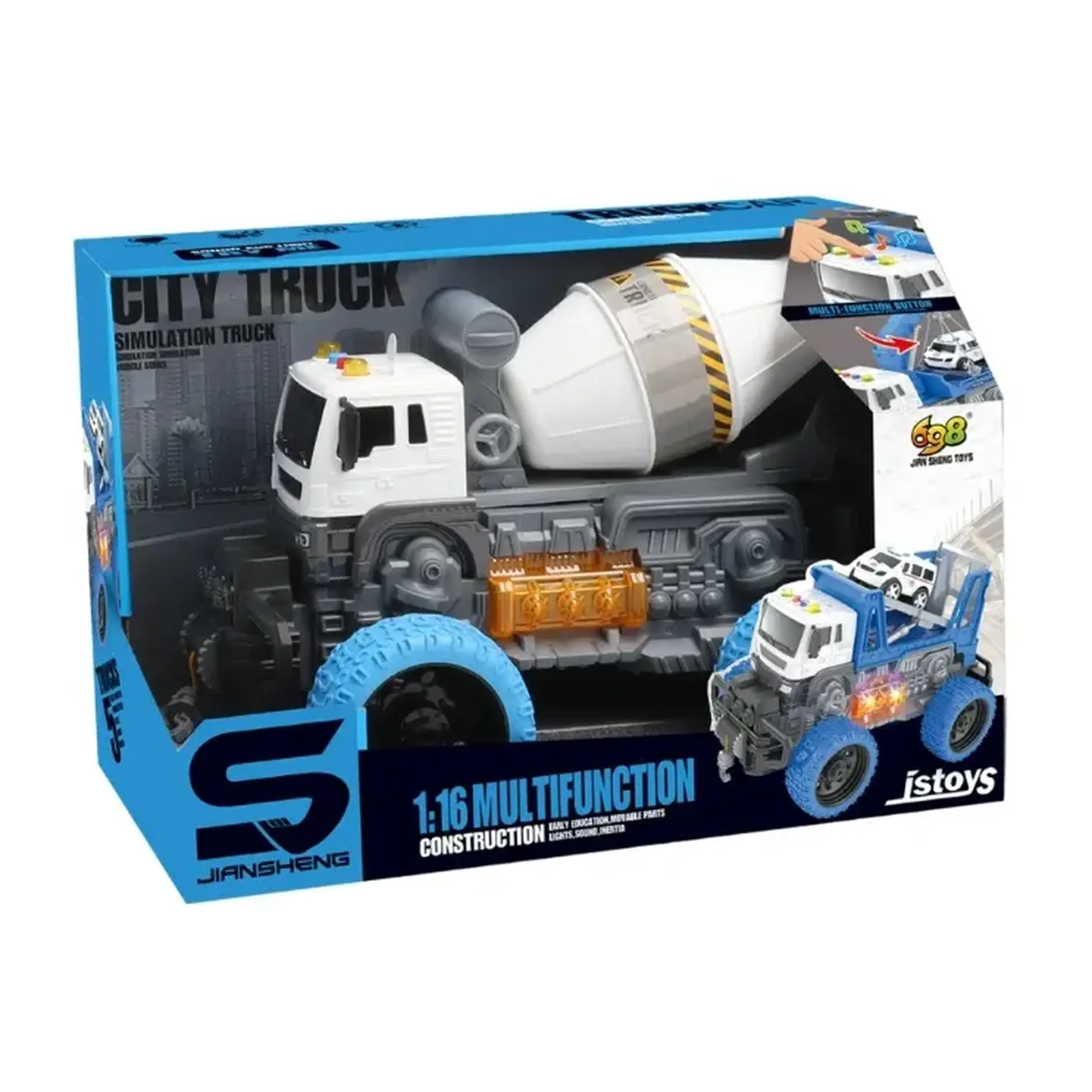 Camion betoniera cu roti mari,inertie,lumini si sunete 1:16