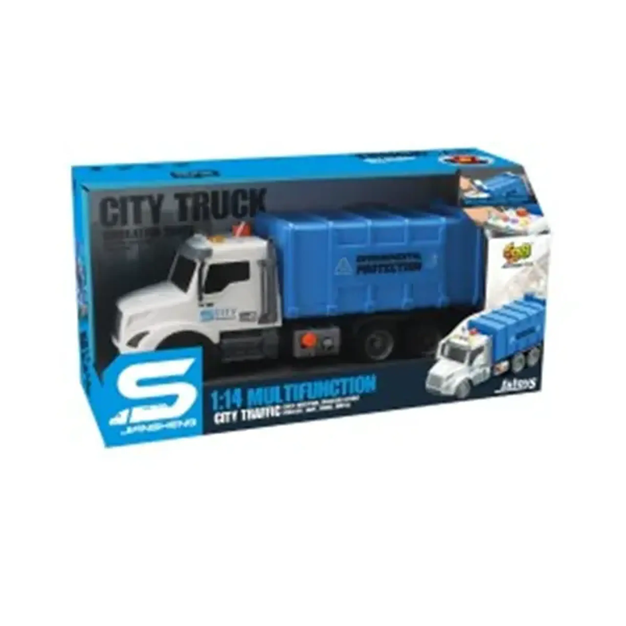 Camion de salubritate albastru cu frictiune, buton presiune, sunete si lumini, 1:14