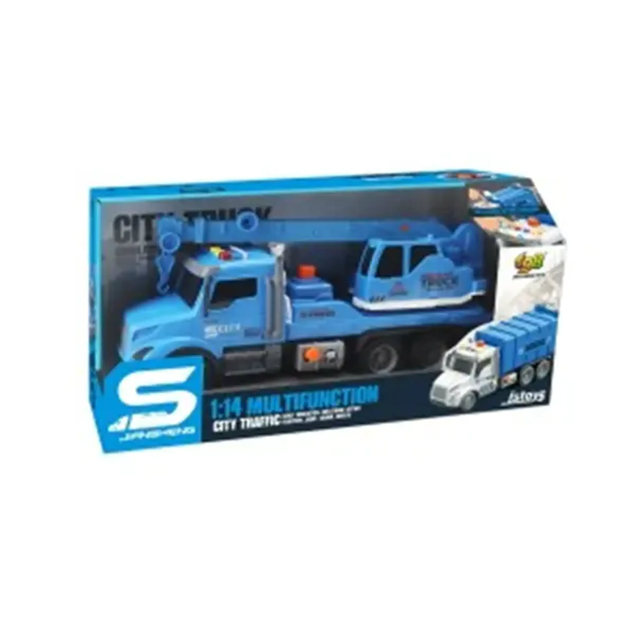 Camion macara albastra cu frictiune, buton presiune, sunete si lumini, 1:14