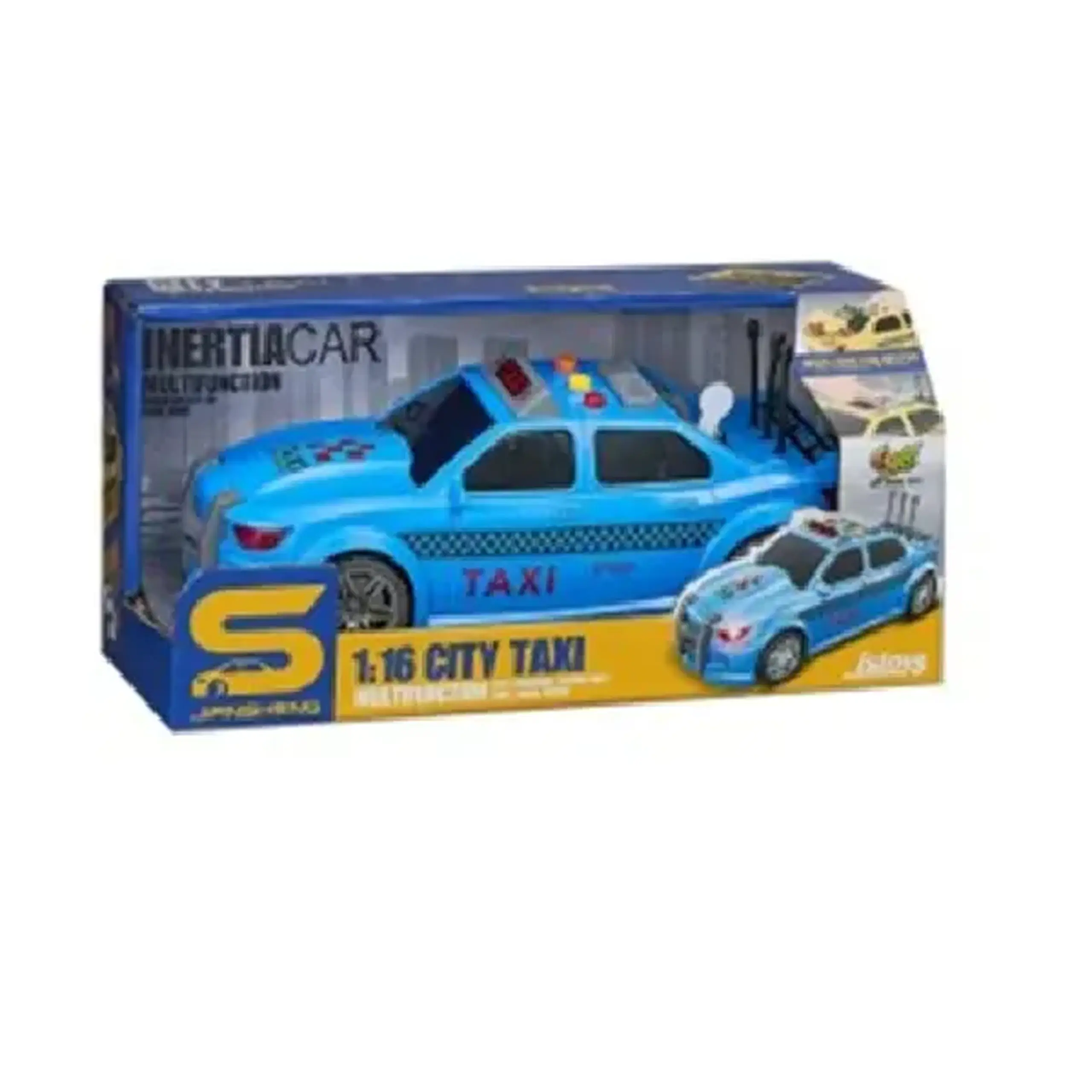Masina taxi albastra, cu inertie, sunete si lumini, portbagaj care se deschide 1:16