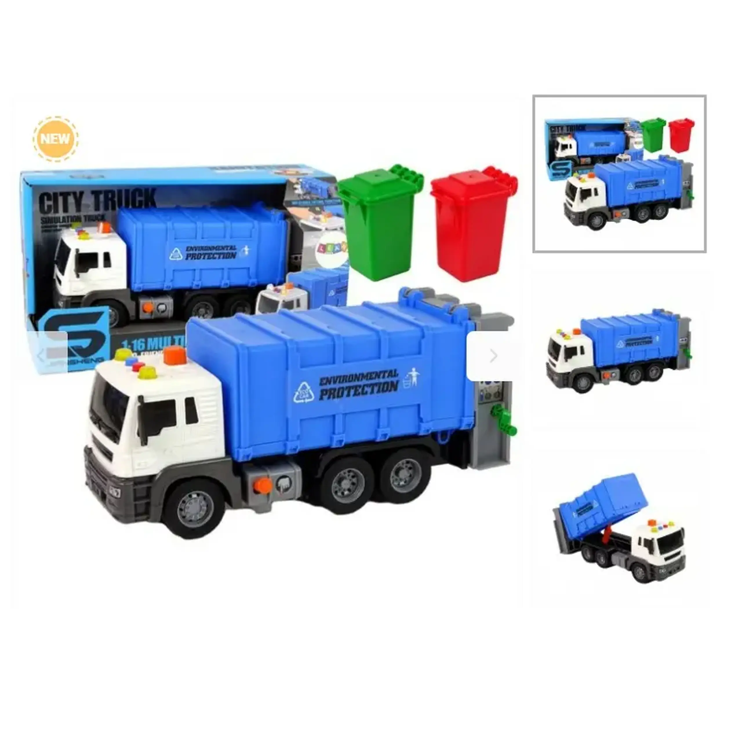 Camion albastru autosalubritate cu buton presiune, frictiune, sunete si lumini