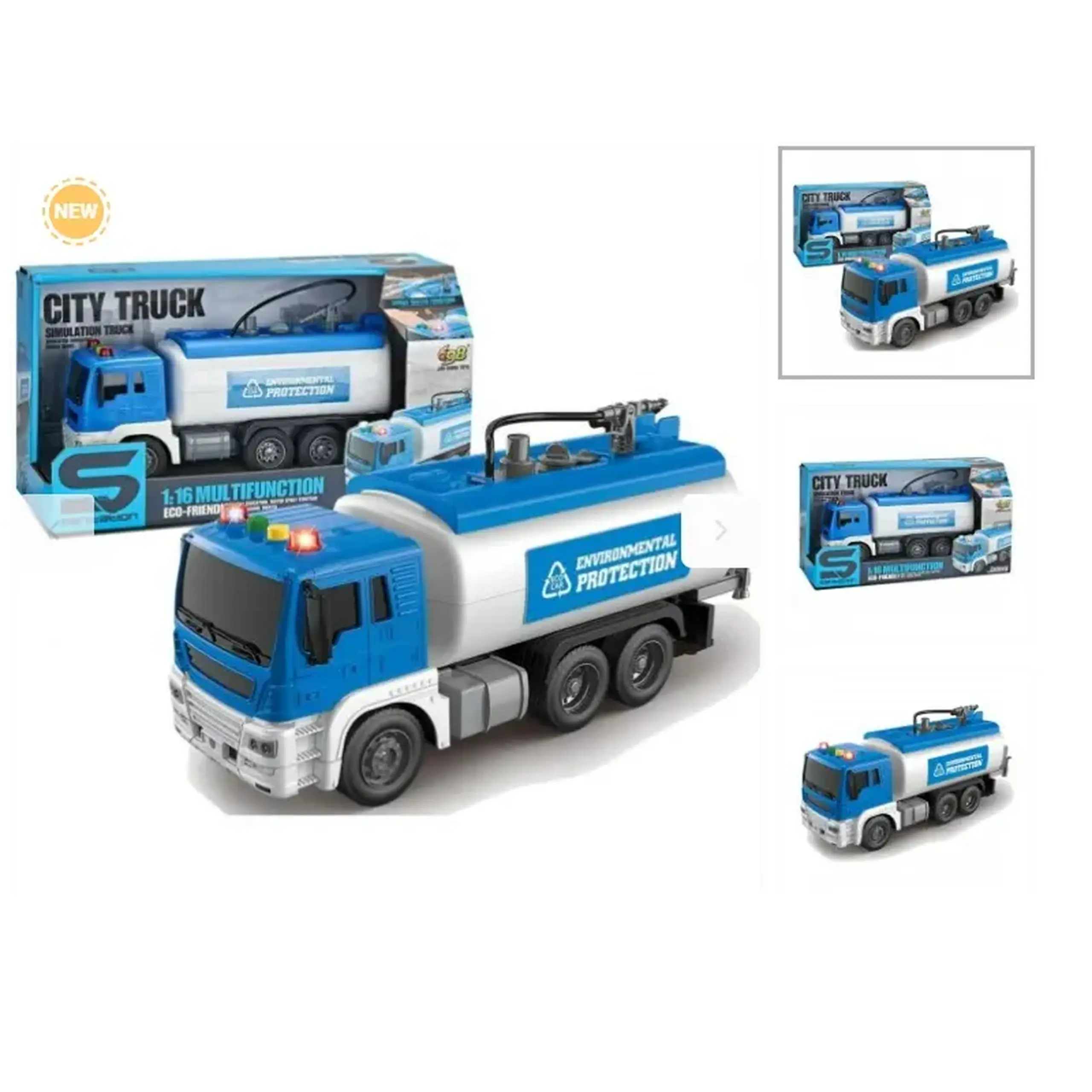 Camion albastru cu cisterna, buton apa, frictiune, sunete si lumini
