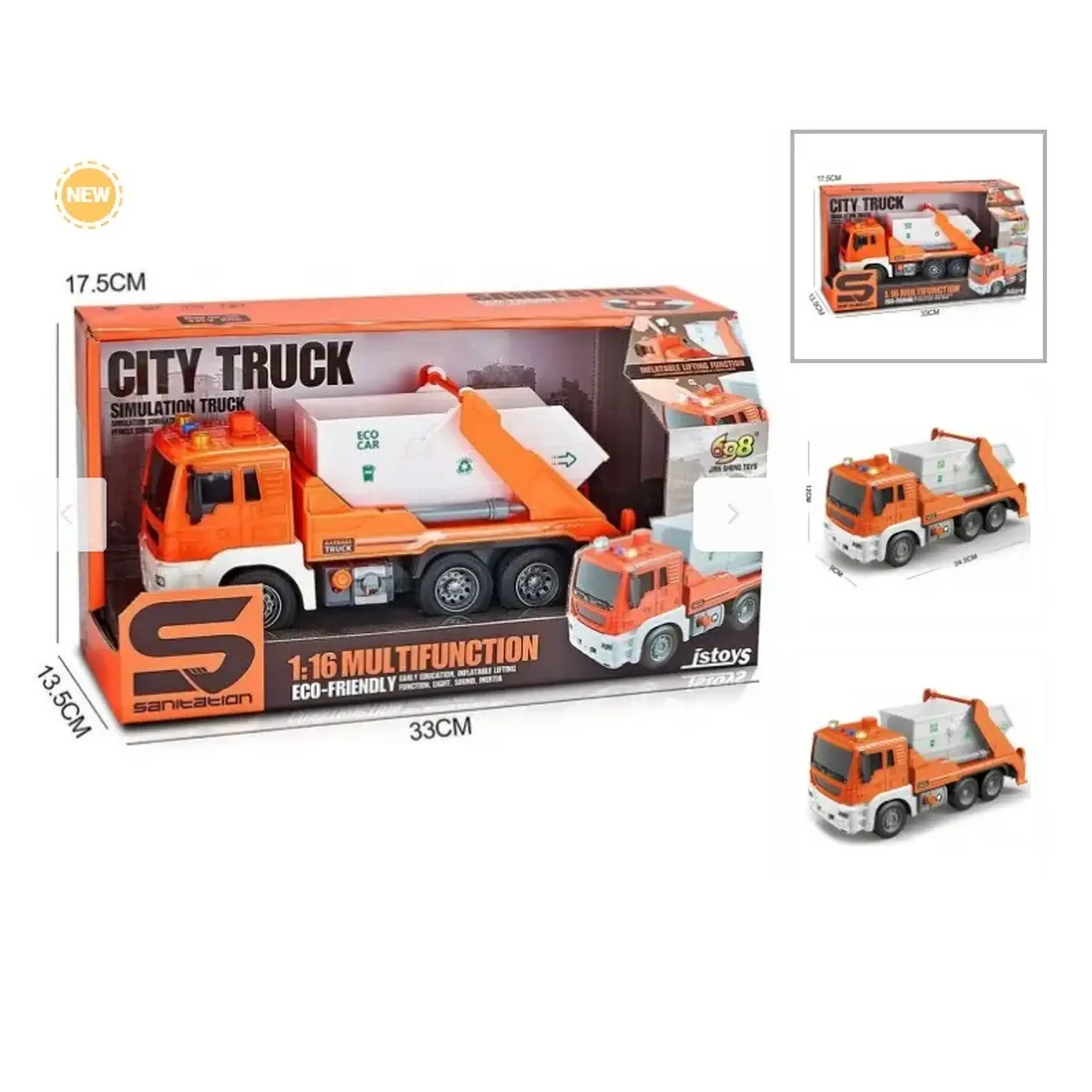 Camion de gunoi portocaliu cu buton presiune, frictiune, sunete si lumini