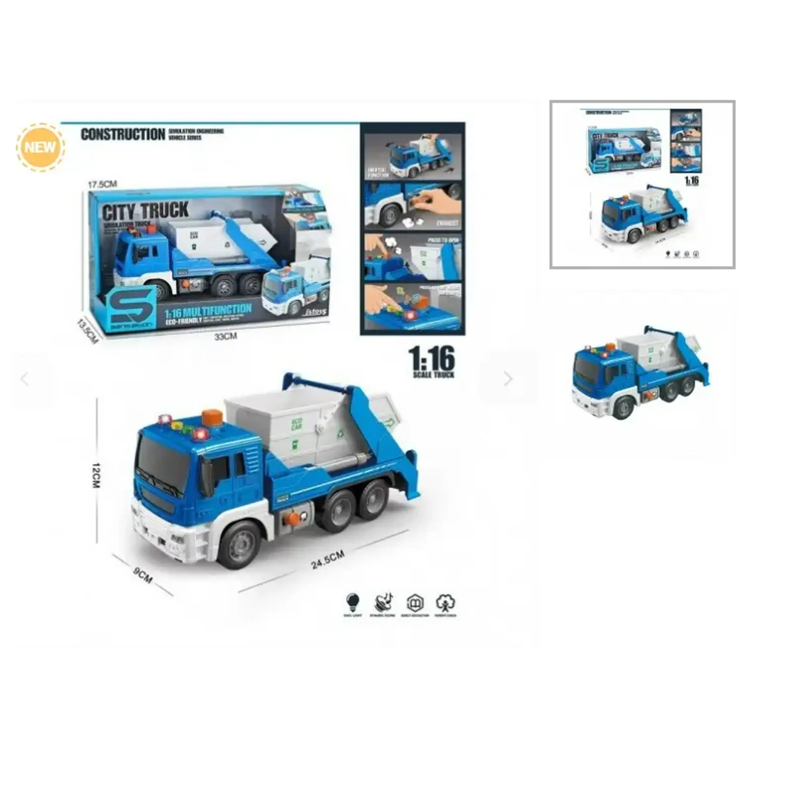 Camion de gunoi albastru cu buton presiune, frictiune, sunete si lumini