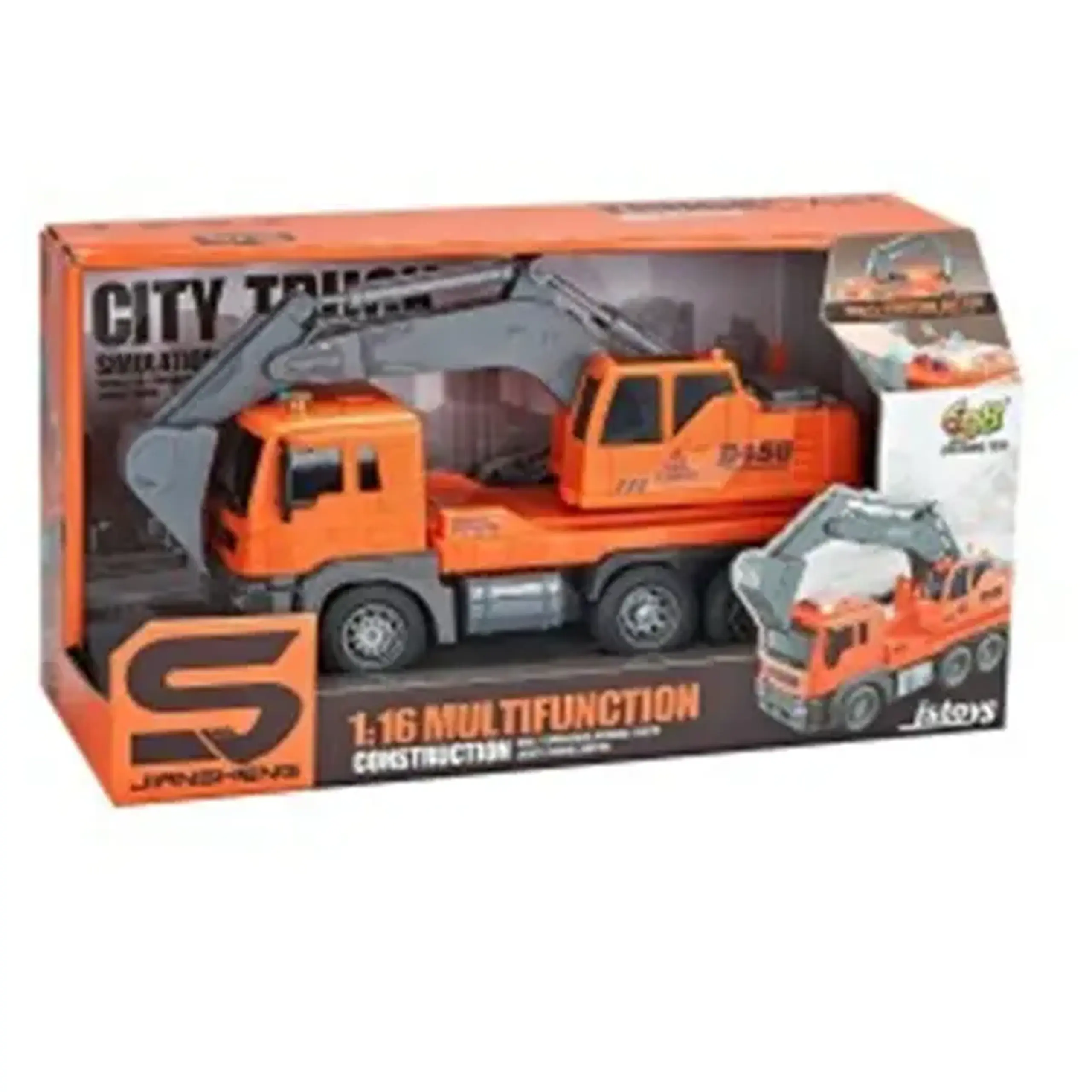 Jucarie Camion Excavator, oranj, cu frictiune, sunete si lumini 1:16