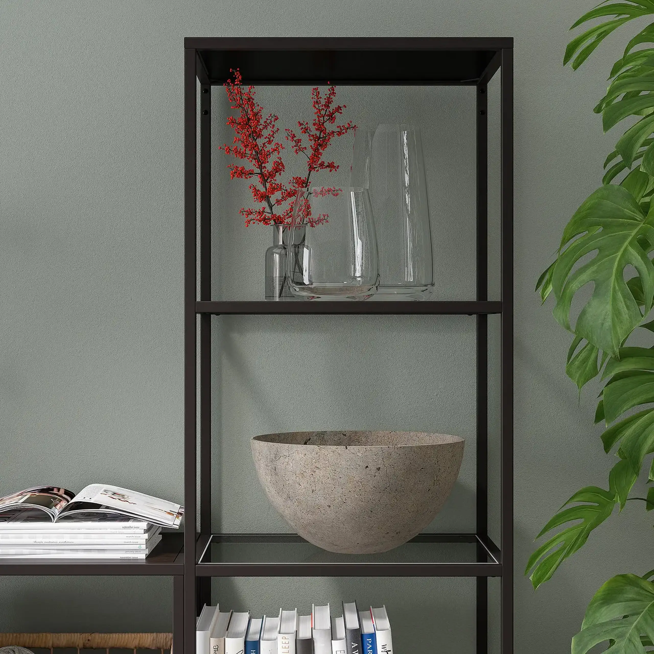IKEA VITTSJÖ Etajera, negru-maro/sticla, 51x175 cm