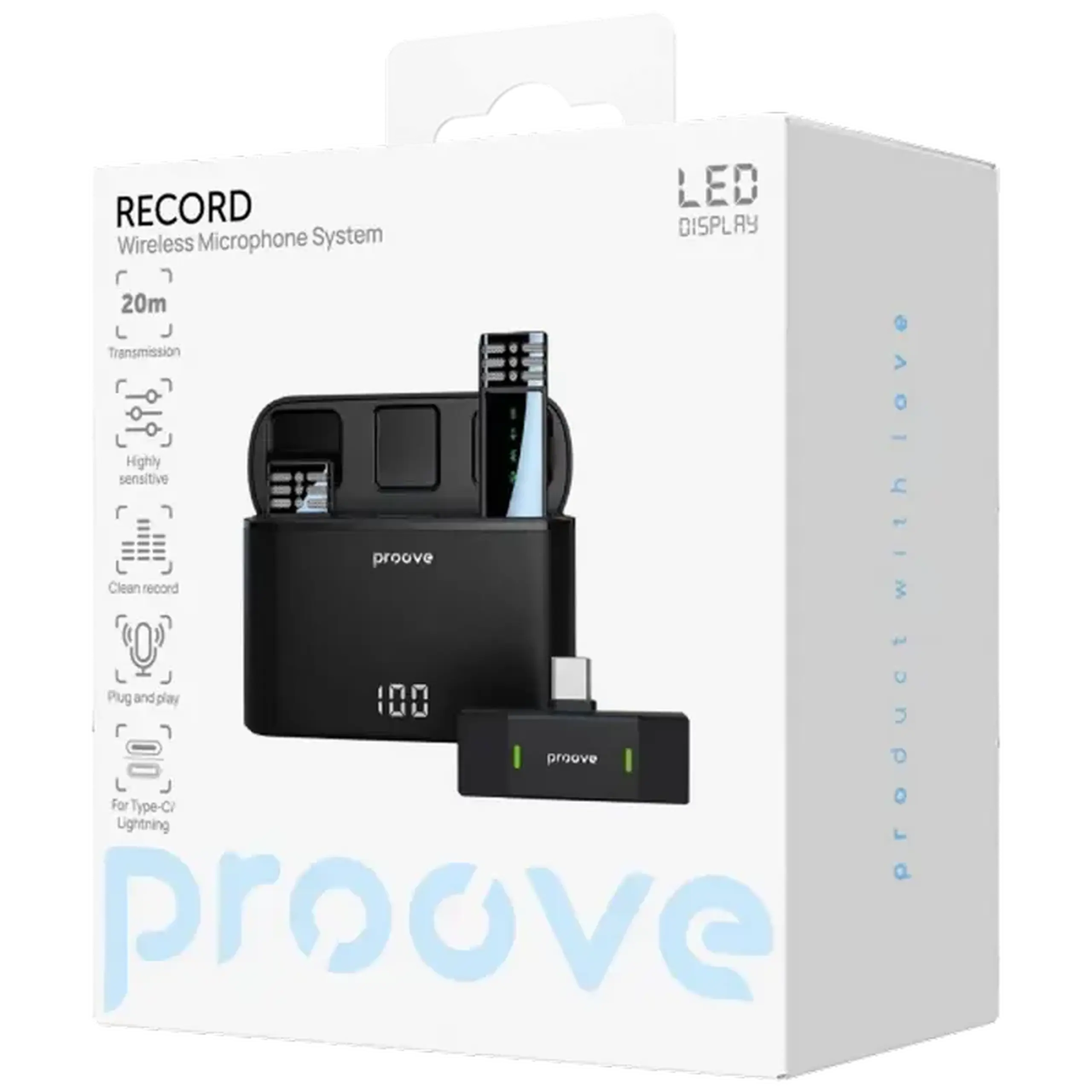 Microfon portabil pentru înregistrare vocală Proove Record Type-C, Fără fir, Negru