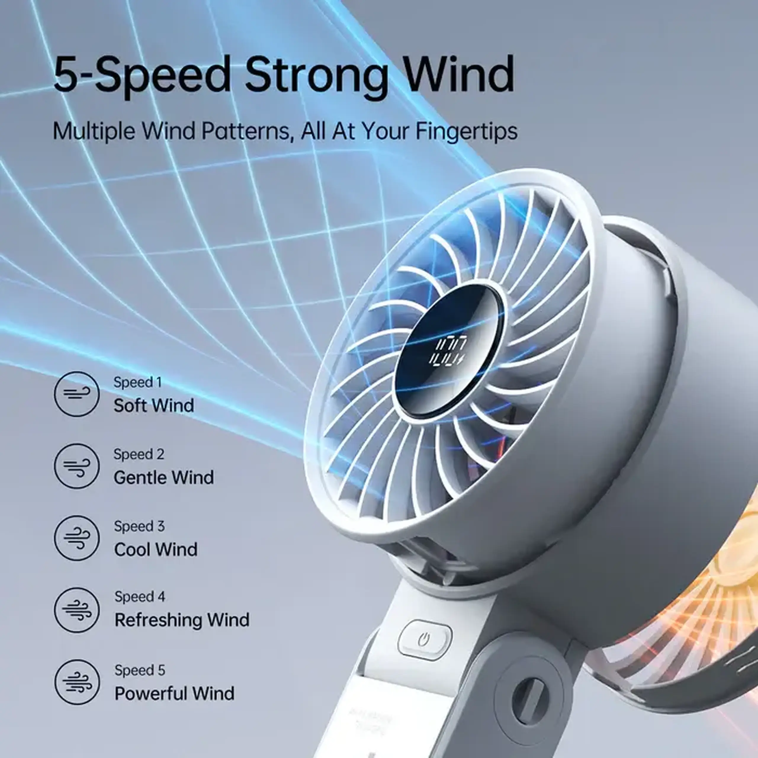 Ventilator portabil de mina JISULIFE 7, autonomie 3.5-19h, baterie 5000mAh, 5 viteze,Gri deschis