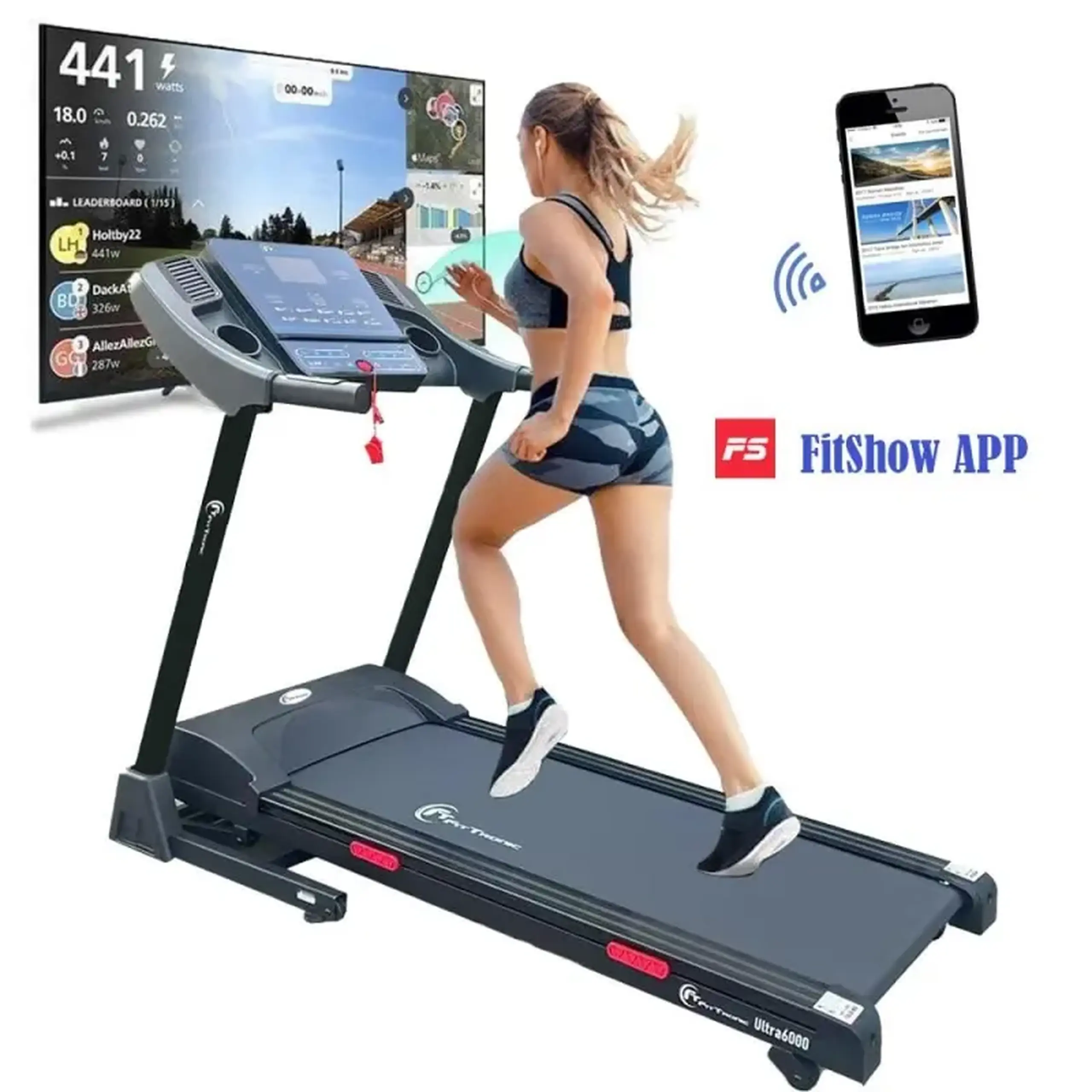 Banda de alergare electrica FitTronic Ultra 6000 motor 3.0 CP, inclinatre electrica 15%, greutate suportata 130 kg, aplicatia Fitshow App, intrare MP3, conectare bluetooth