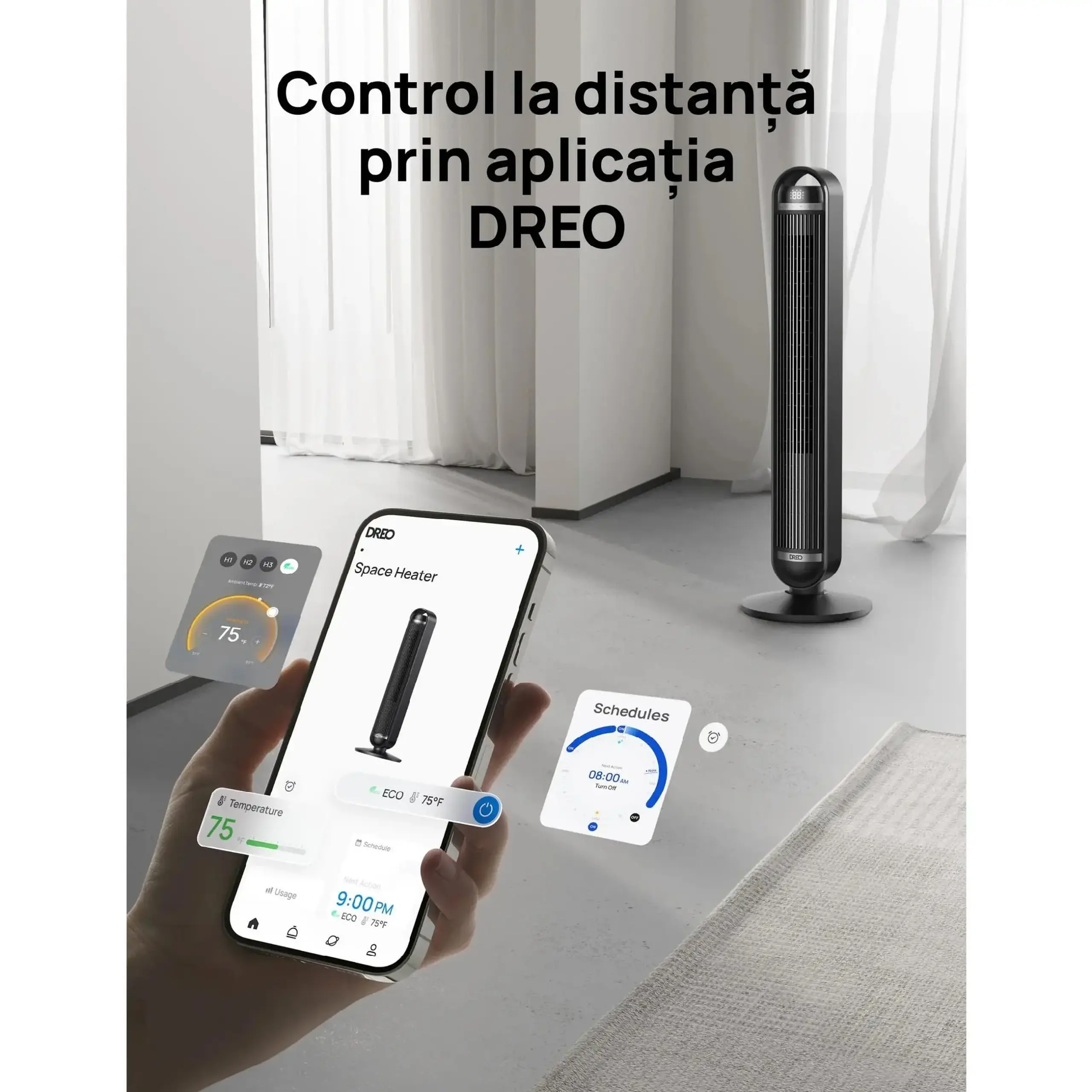 Ventilator Turn Smart DREO Cruiser DR-HTF011S, 9 viteze, 4 functii,106cm, HyperSilent 25dB, oscilatie 90°, negru
