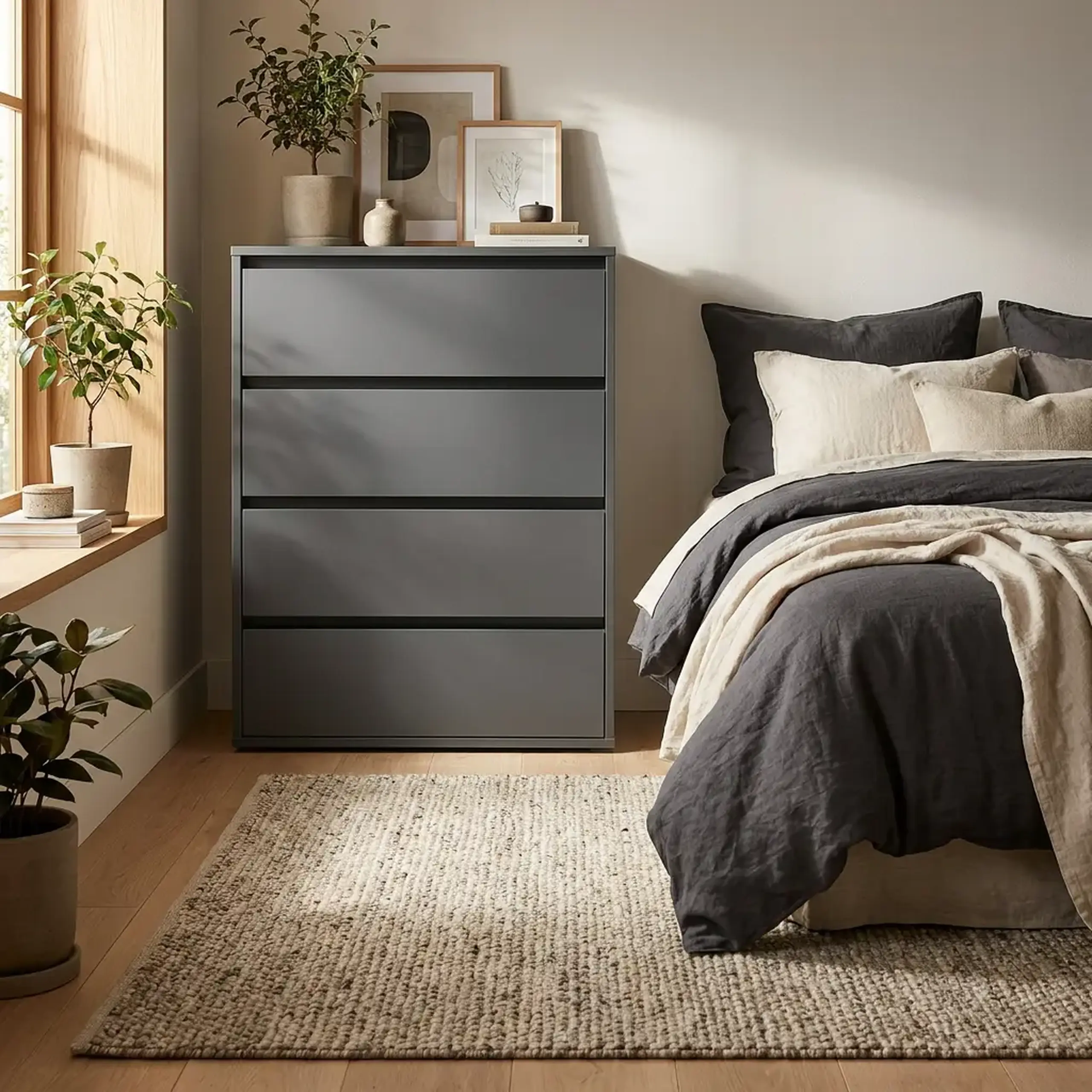 Comoda 4home Ideea K, 80x100x42 cm, 4 sertare, Gri Grafit/Gri Grafit
