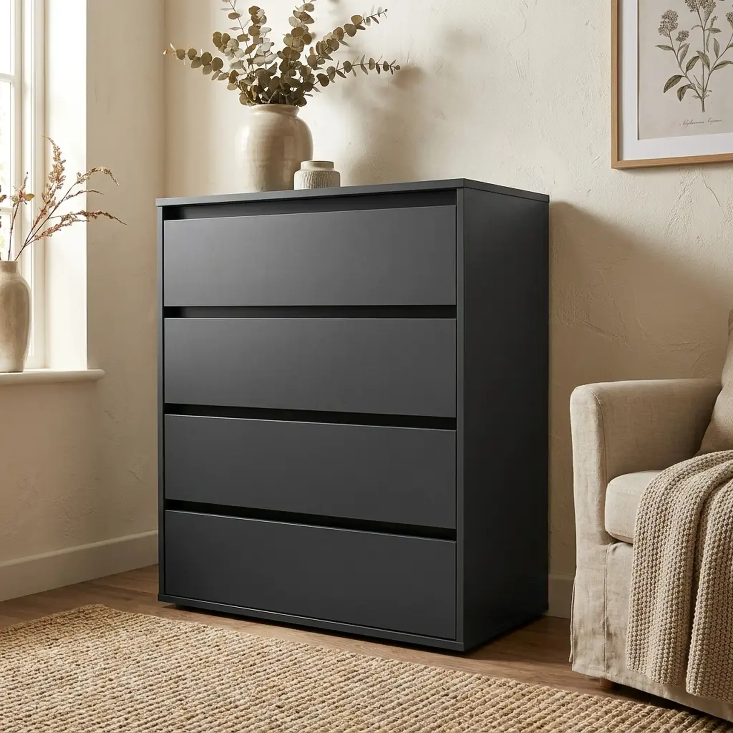 Comoda 4home Ideea K, 80x100x42 cm, 4 sertare, Gri Grafit/Gri Grafit