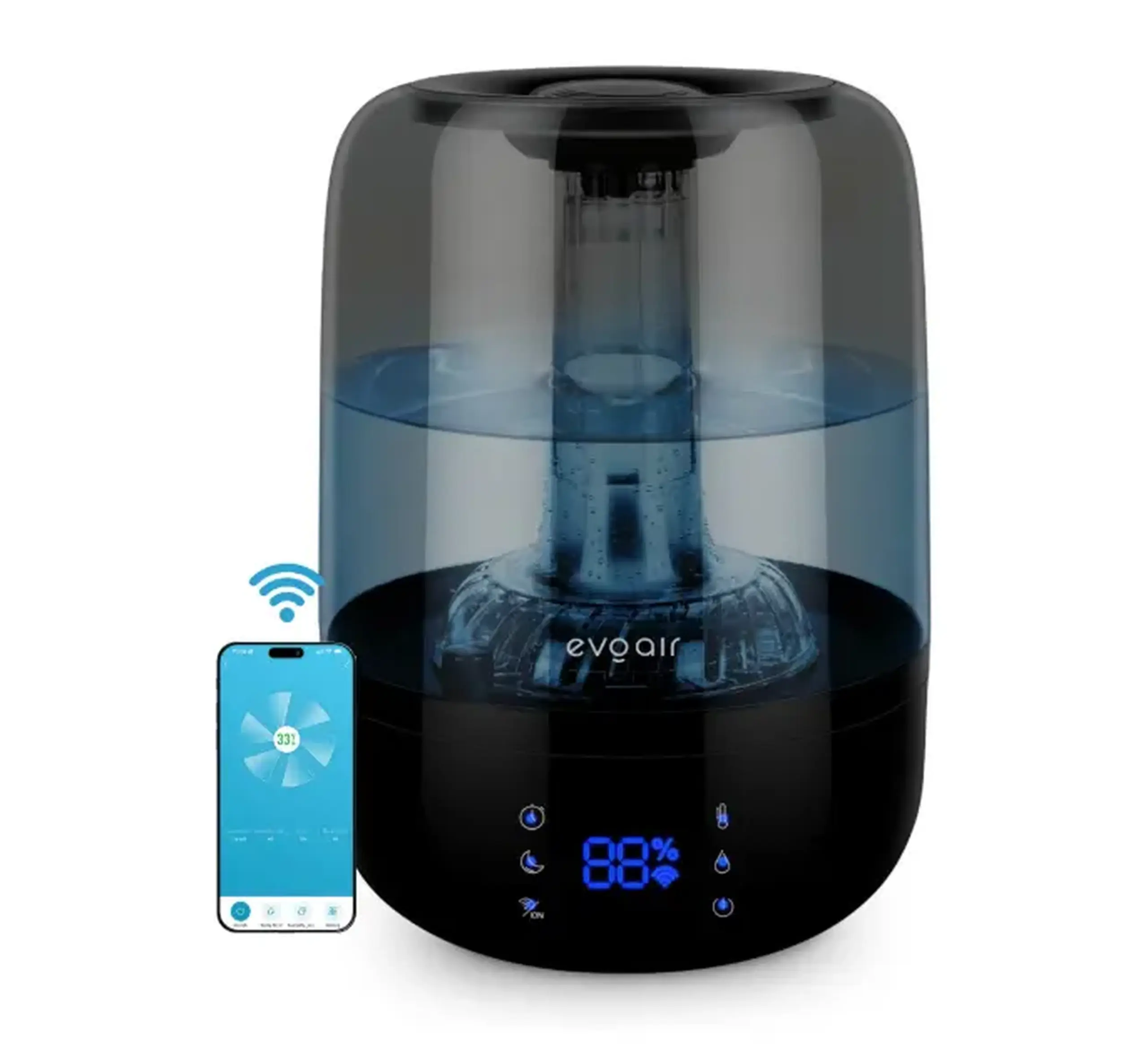 Umidificator Evoair LUNO, Smart, Wifi, Rezervor 2.5L, Capacitate de umidificare 150 ml/h, Senzor umiditate, Autonomie 16 ore, Indicator umiditate si temperatura, Filtru mineral Anticalcar - Negru, Gri