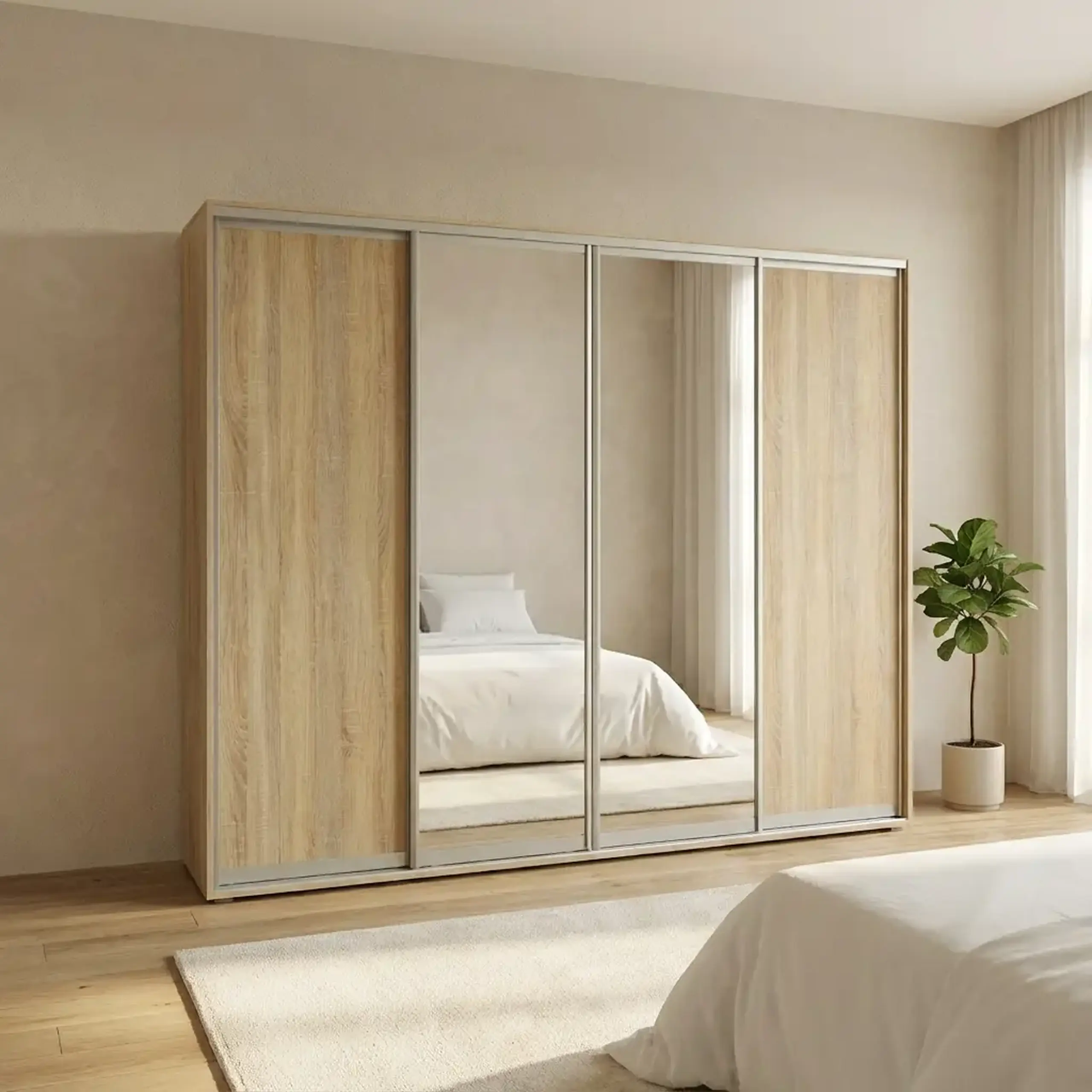 Dulap Cupe Fenix cu 4 usi, 2 PAL + 2 Oglinda, Sonoma, 300x60x240 cm