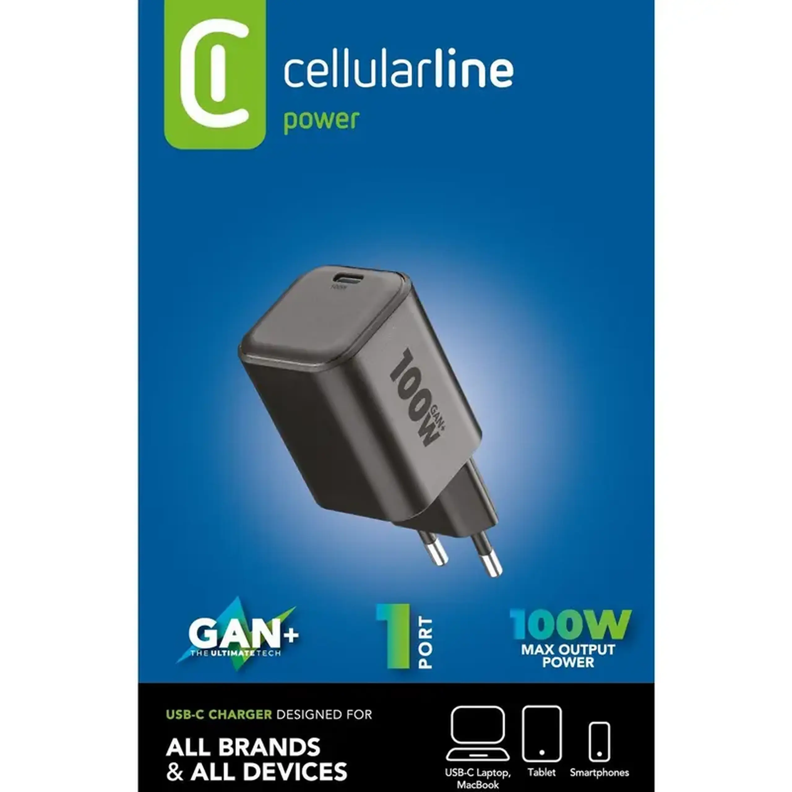 Încărcător Cellularline ACH USB-C GaN, 100W, Negru