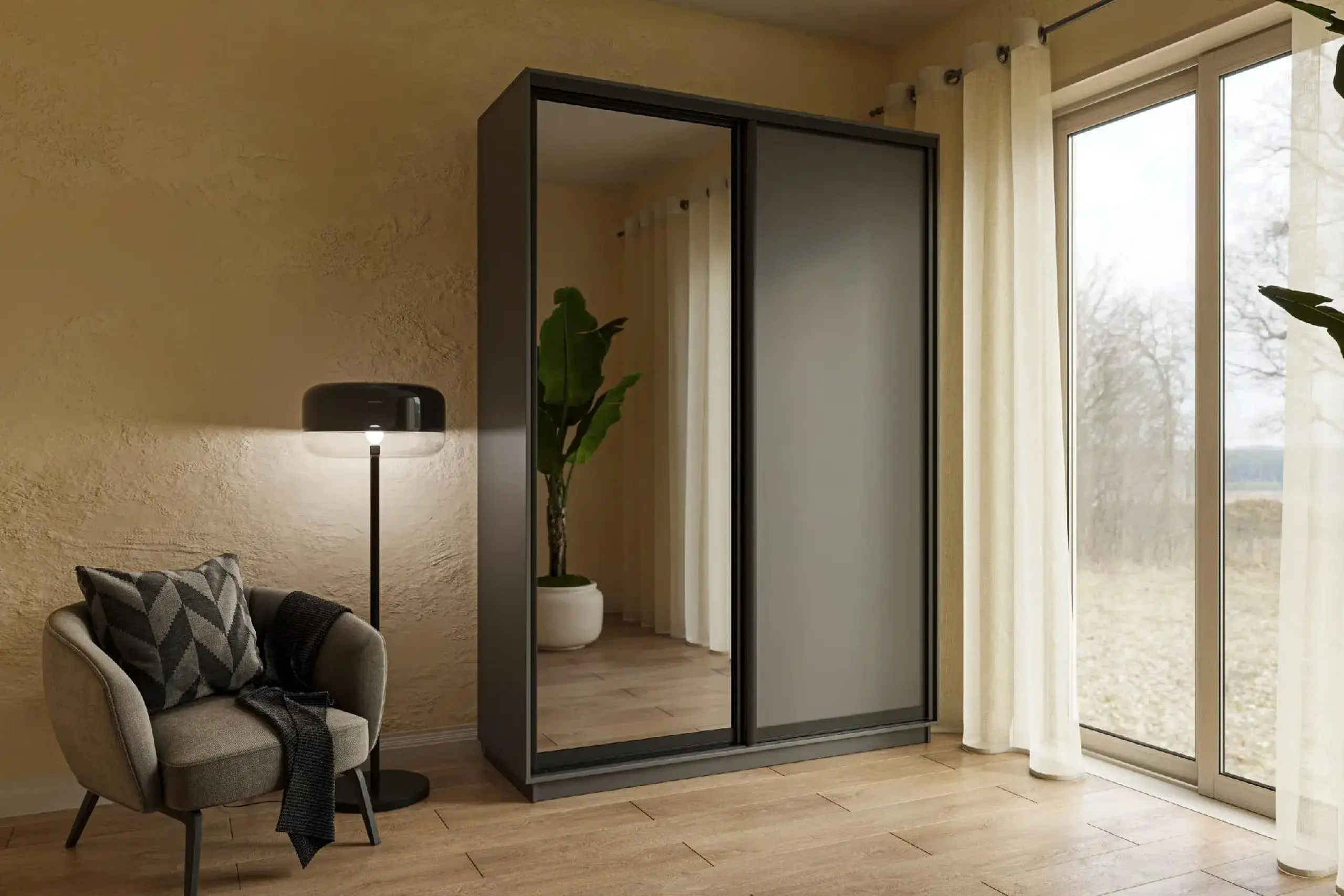 Dulap Cupe 4home, 1PAL 1Oglinda, Gri Grafit, 110x45x240 cm