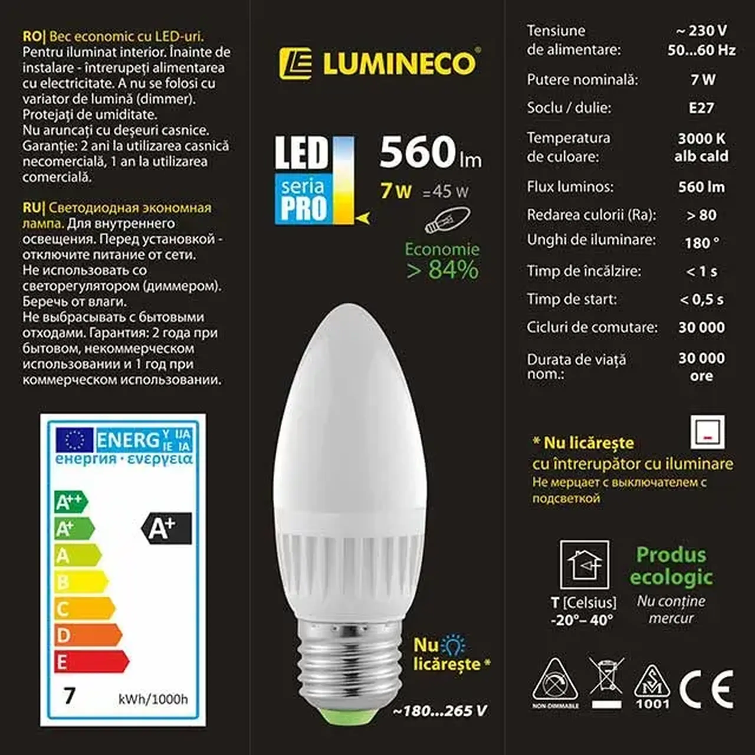 Bec led Lumineco Pro 7 W E27 3000 K 560 lm 220 - 240 V