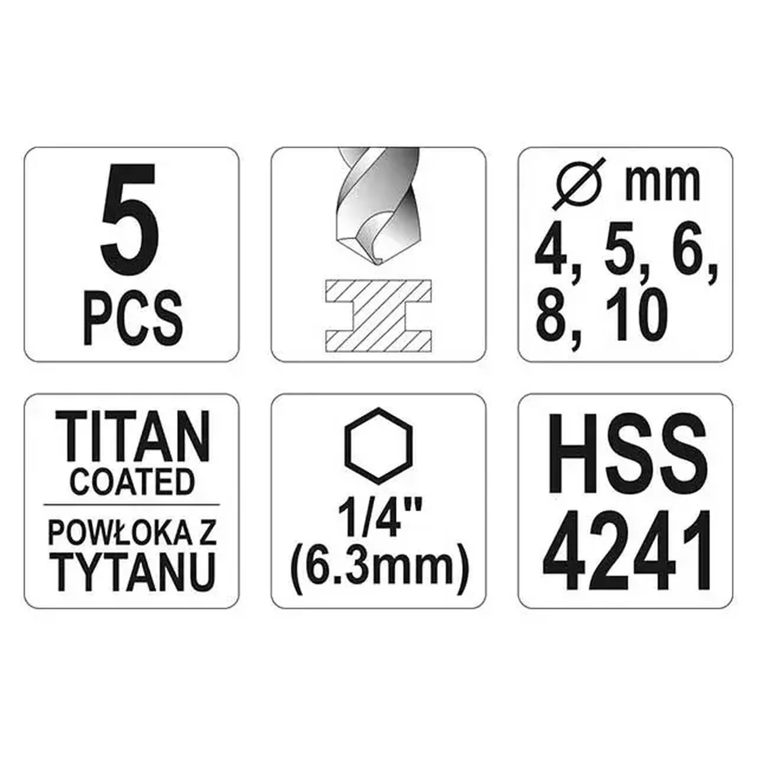 Set burghie 5 buc. pentru metal 4 - 10 mm Oțel HSS Hexagonal Yato
