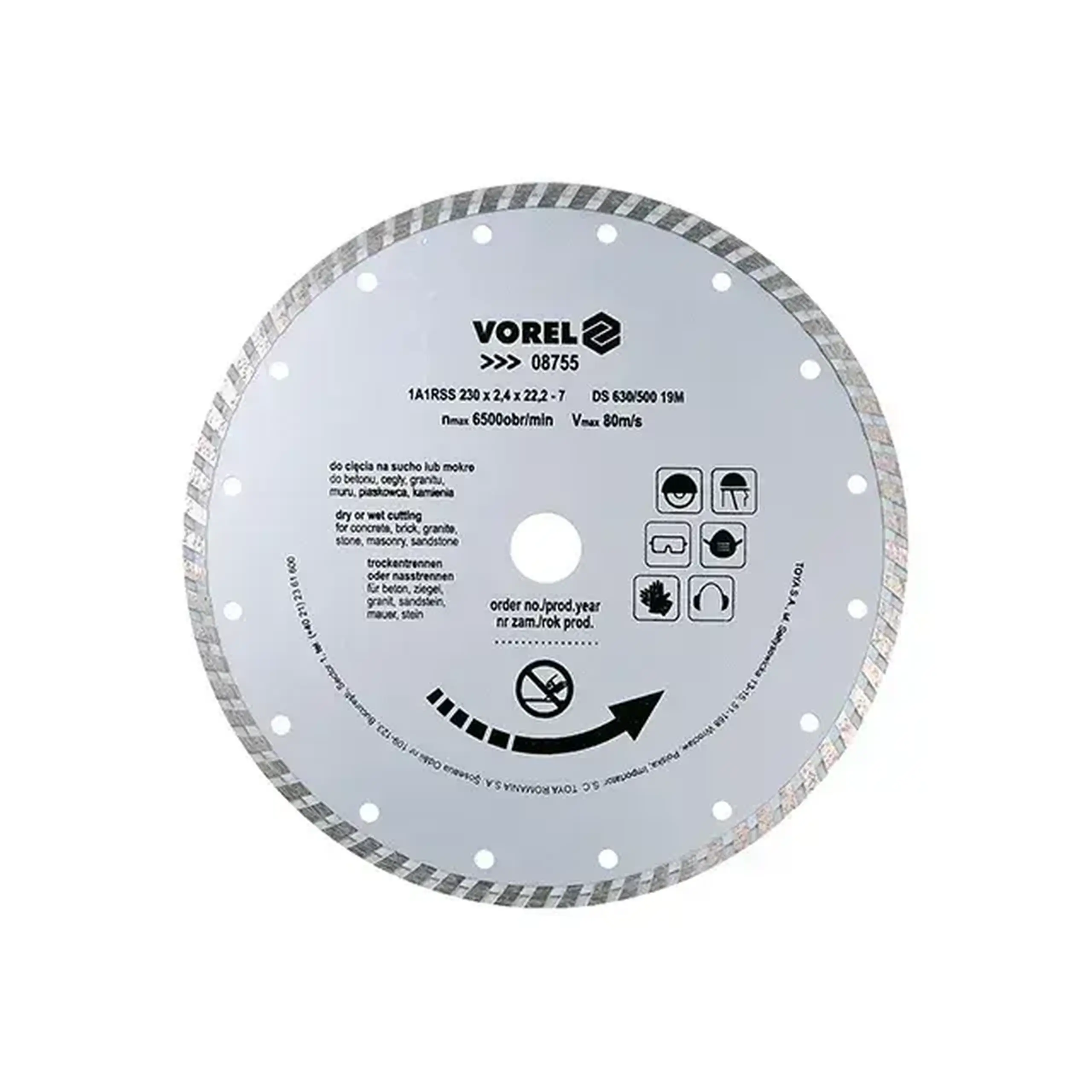 Disc diamantat pentru beton TURBO 125 * 22.2 mm Vorel - Diametru 230 *