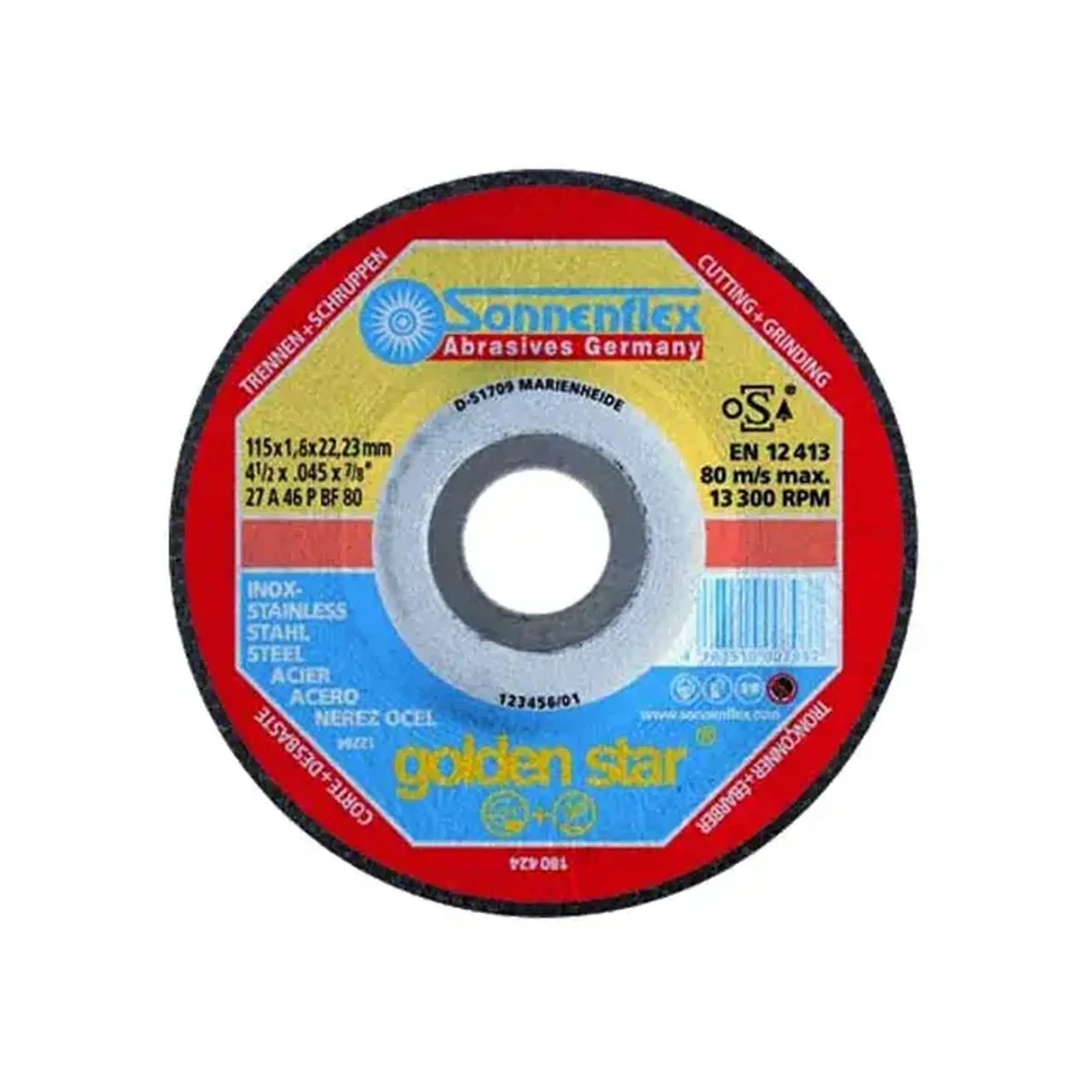 Disc de tăiat pentru inox GOLDENSTAR 115 * 22.23 mm Sonnenflex - 1.6 mm (L x W x H x Ø) 115 *